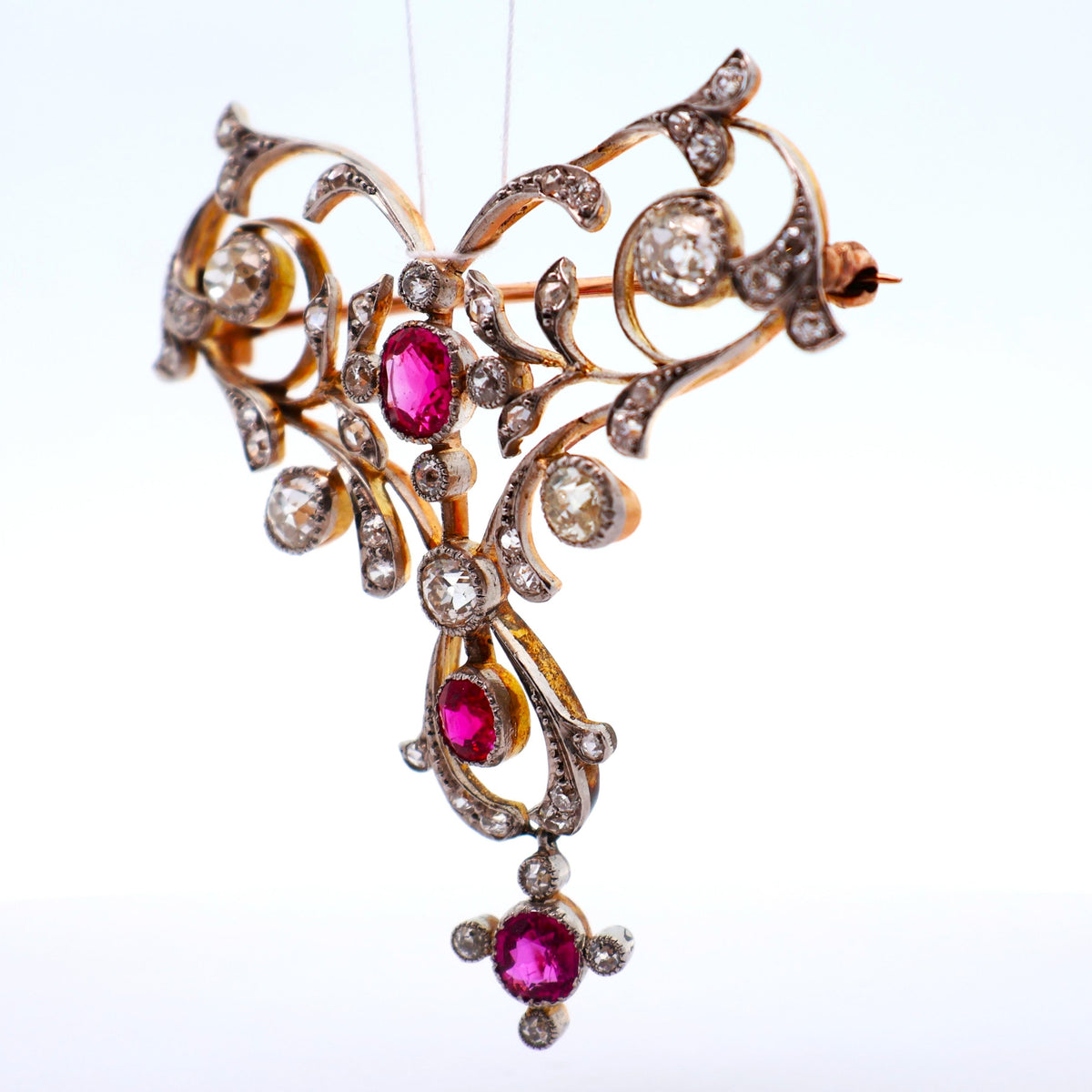 Antique No-Heat Burmese Ruby Diamond 14K Gold Brooch, GIA Certified