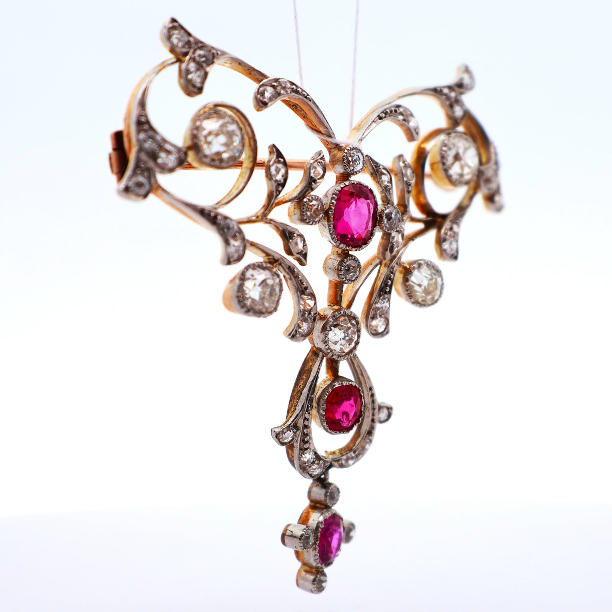 Antique No-Heat Burmese Ruby Diamond 14K Gold Brooch, GIA Certified