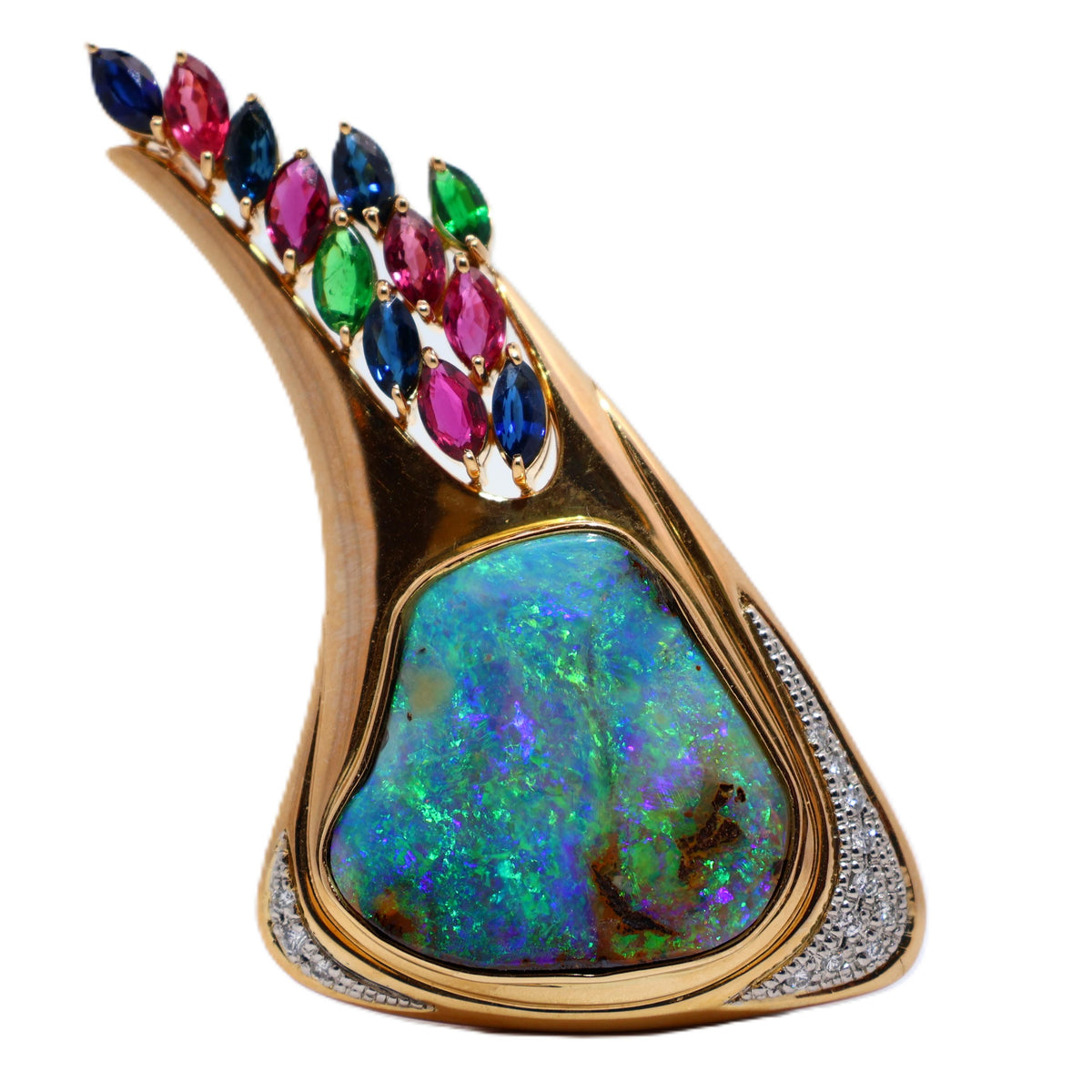 Australian Boulder Opal Sapphire Ruby Tsavorite Diamond 18K Yellow Gold Brooch