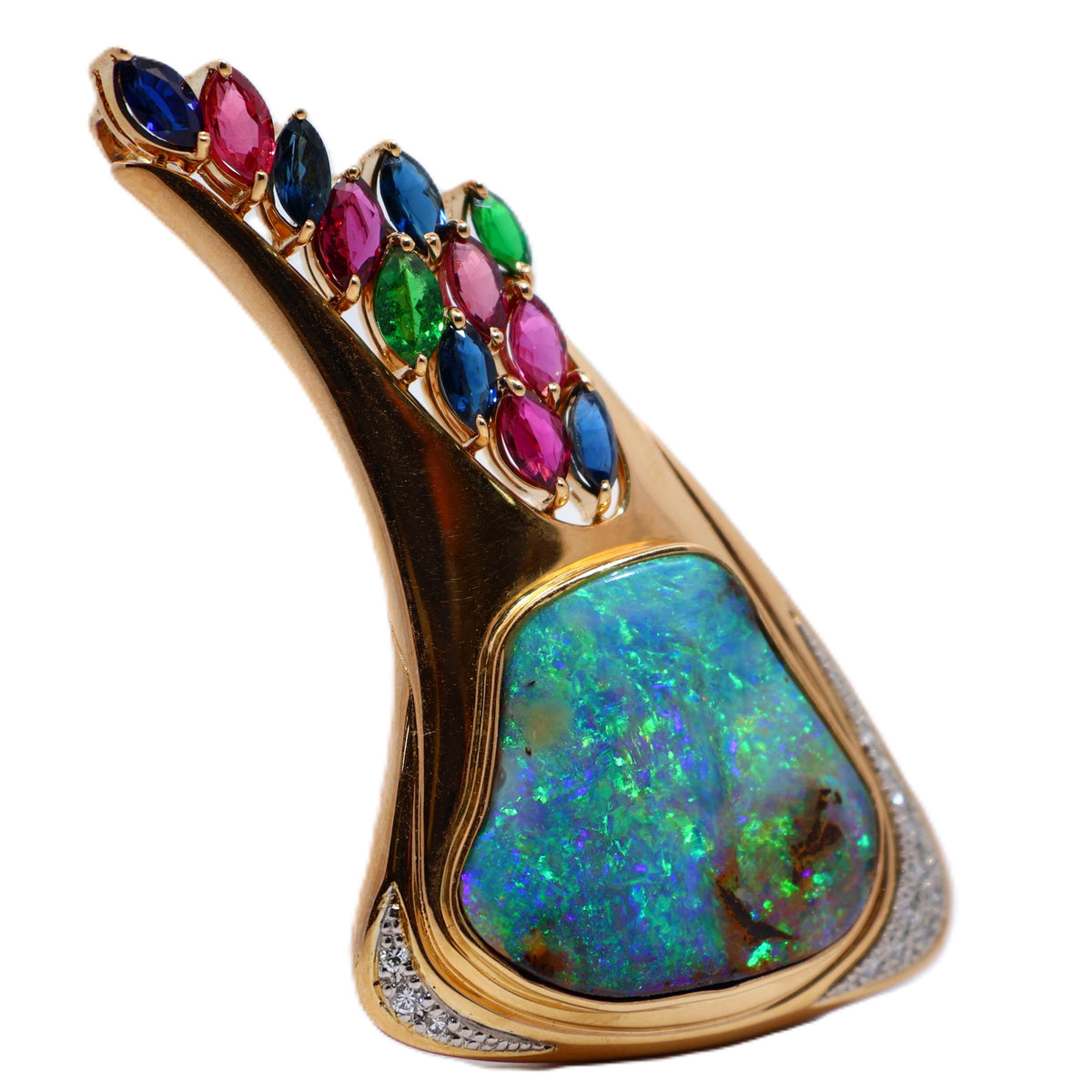 Australian Boulder Opal Sapphire Ruby Tsavorite Diamond 18K Yellow Gold Brooch