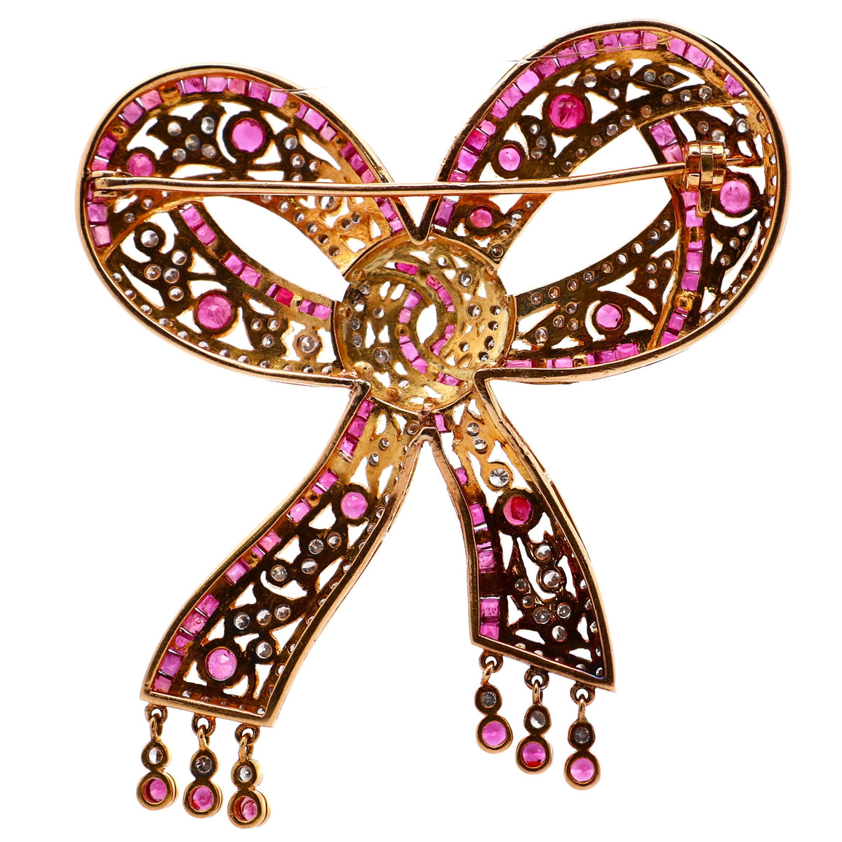 Estate Ruby Diamond 18K Yellow Gold Bow Brooch