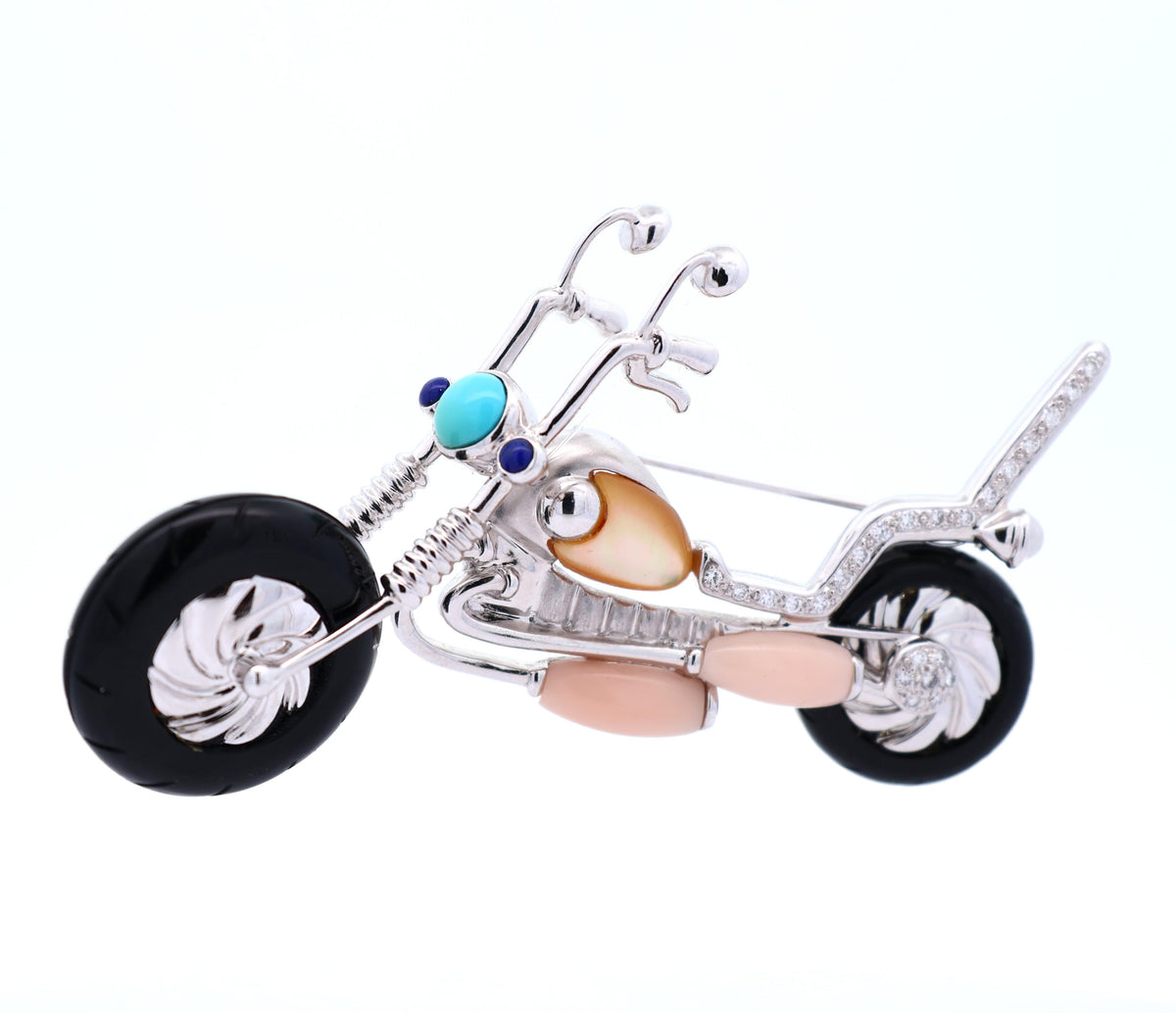 Vintage Diamond Multicolored Gemstones 18K White Gold Motorcycle Brooch