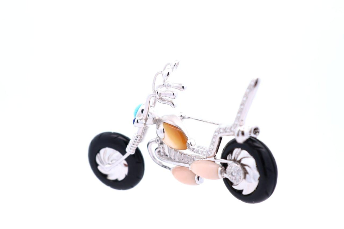 Vintage Diamond Multicolored Gemstones 18K White Gold Motorcycle Brooch