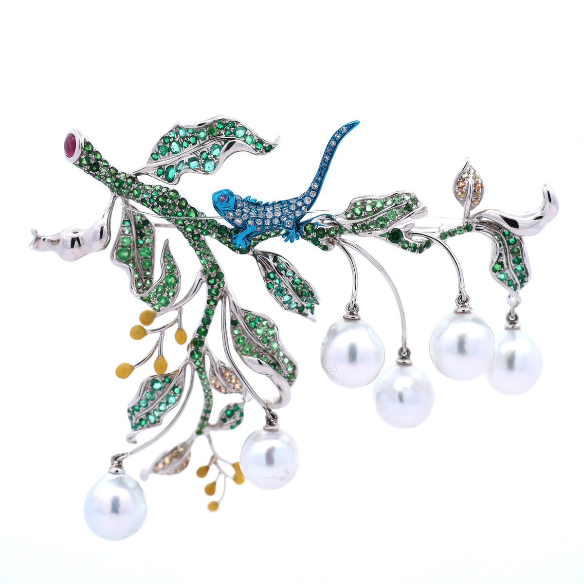 Akoya Pearls Multi-Colored Gemstone Diamond 18K Gold Floral Brooch