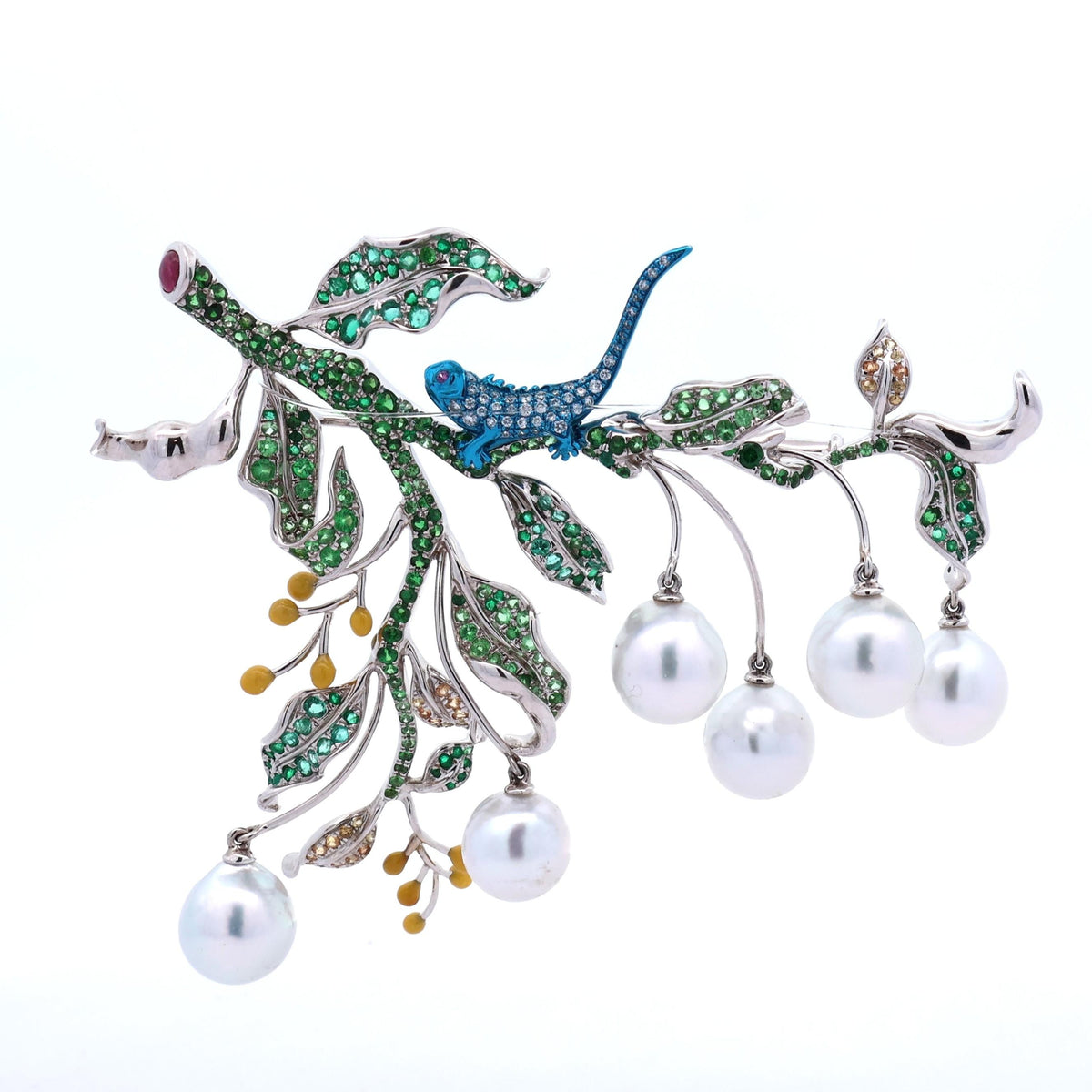 Akoya Pearls Multi-Colored Gemstone Diamond 18K Gold Floral Brooch