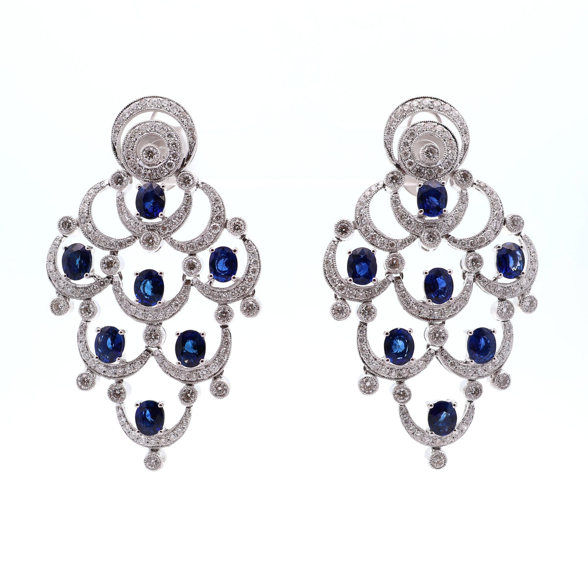 Estate Blue Sapphire Diamond 18K White Gold Chandelier Drop Earrings