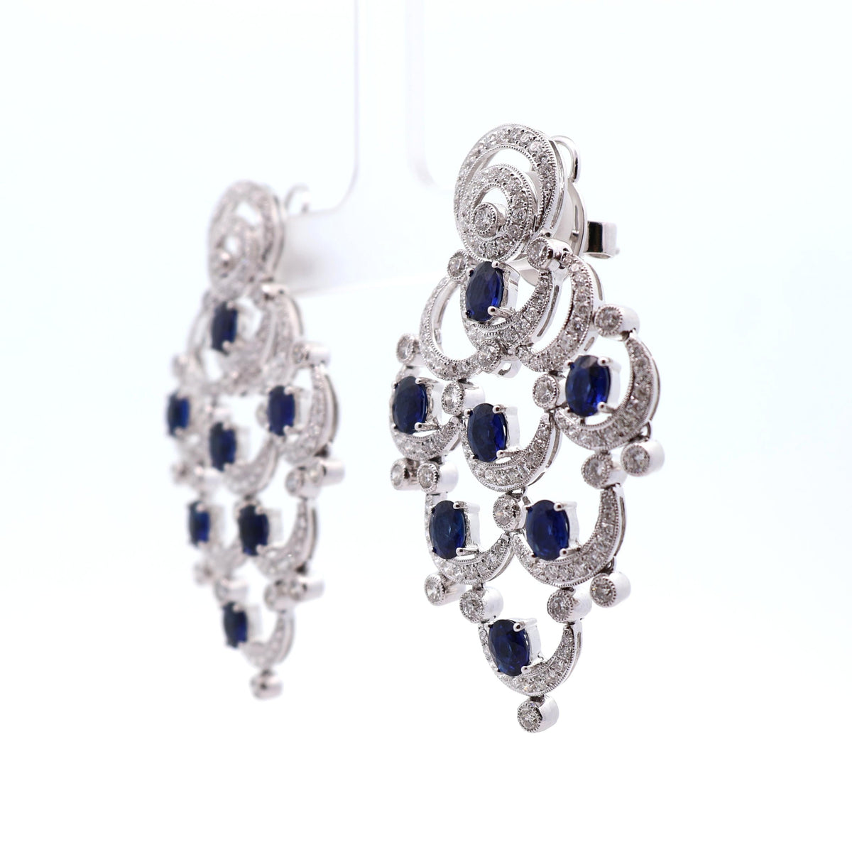 Estate Blue Sapphire Diamond 18K White Gold Chandelier Drop Earrings