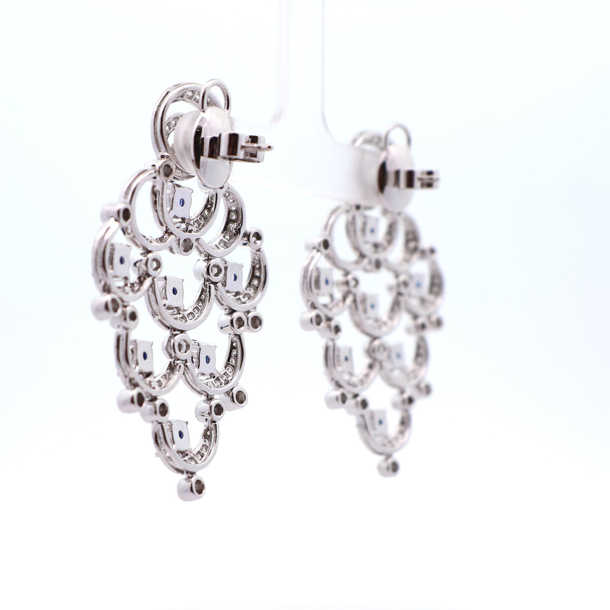 Estate Blue Sapphire Diamond 18K White Gold Chandelier Drop Earrings