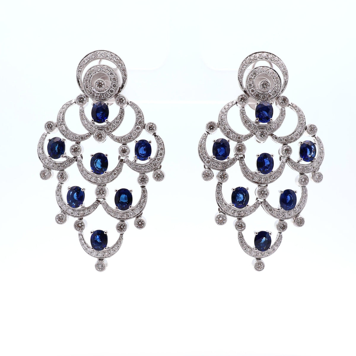 Estate Blue Sapphire Diamond 18K White Gold Chandelier Drop Earrings