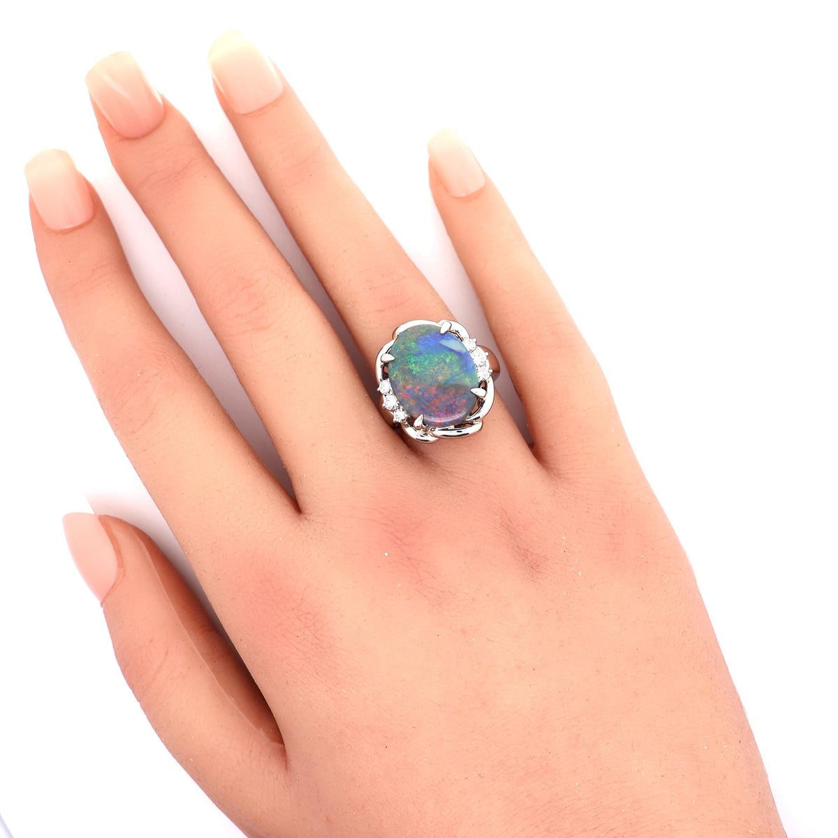 Estate 8.69 Carat Australian Black Opal Diamond Platinum Ring