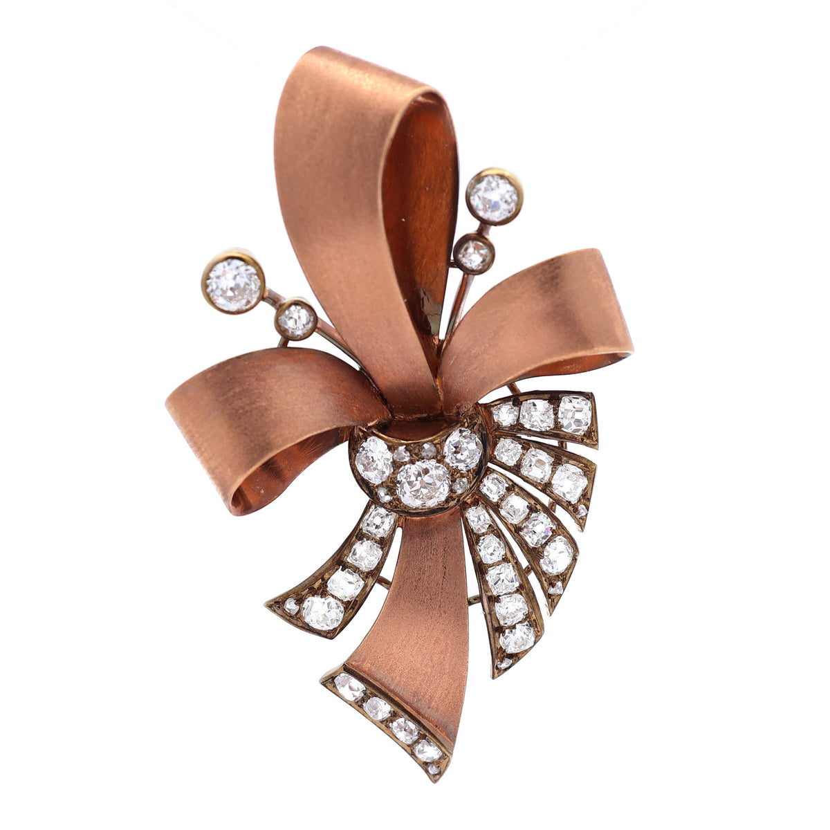 French Retro Diamond 18K Rose Gold Ribbon Brooch