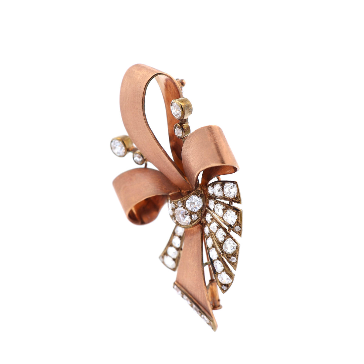 French Retro Diamond 18K Rose Gold Ribbon Brooch