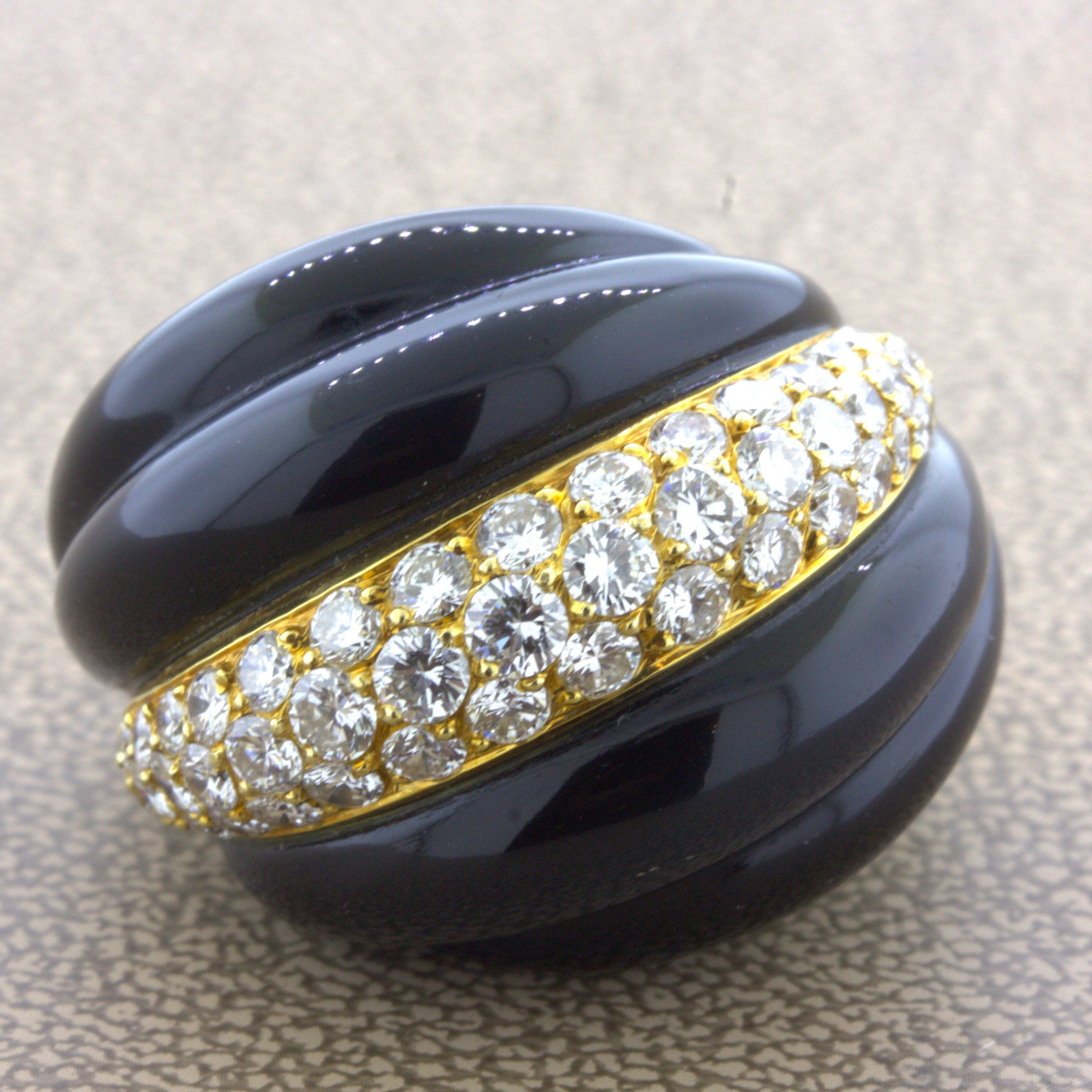 Fred Paris Diamond Onyx 18K Yellow Gold Cocktail Ring, French