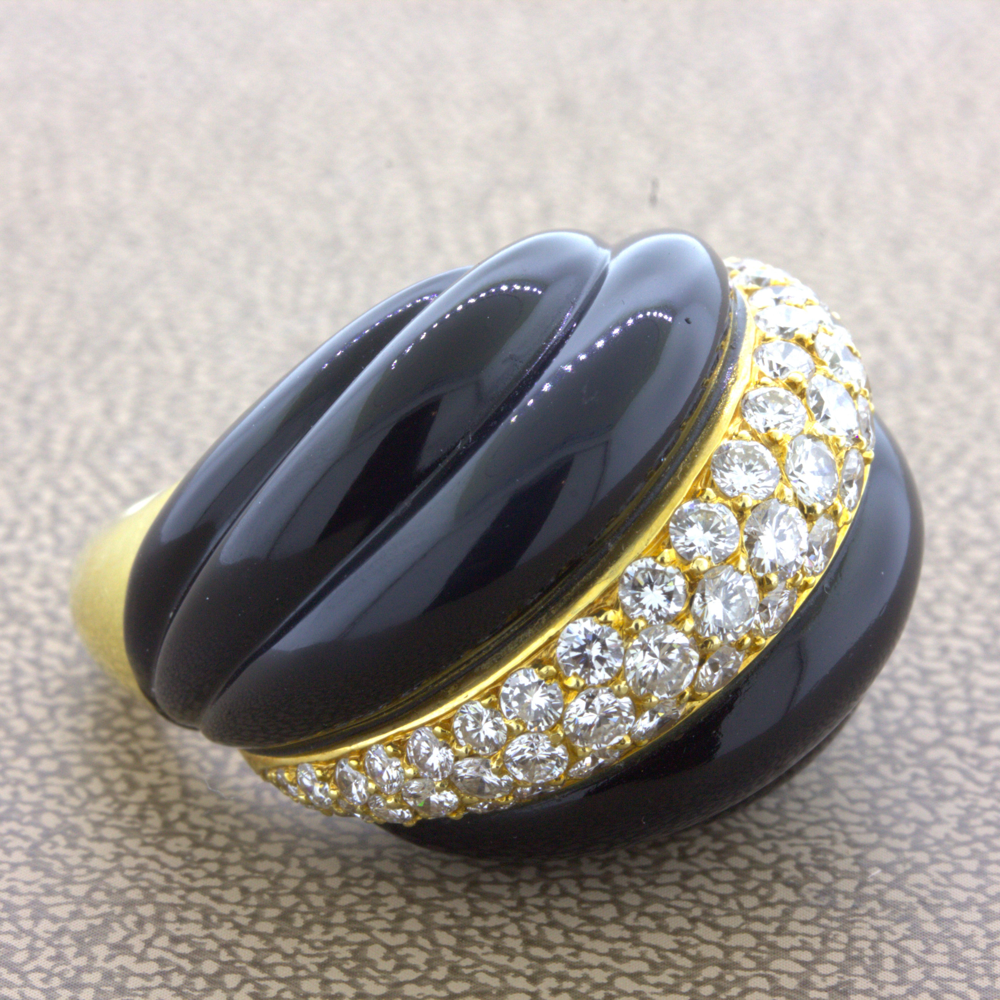 Fred Paris Diamond Onyx 18K Yellow Gold Cocktail Ring, French