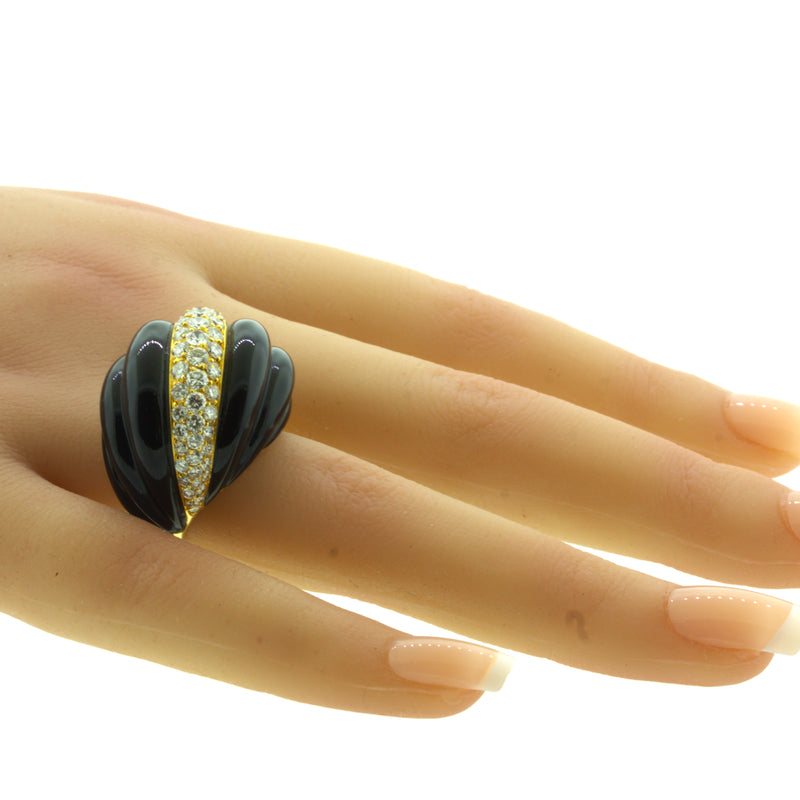 Fred Paris Diamond Onyx 18K Yellow Gold Cocktail Ring, French