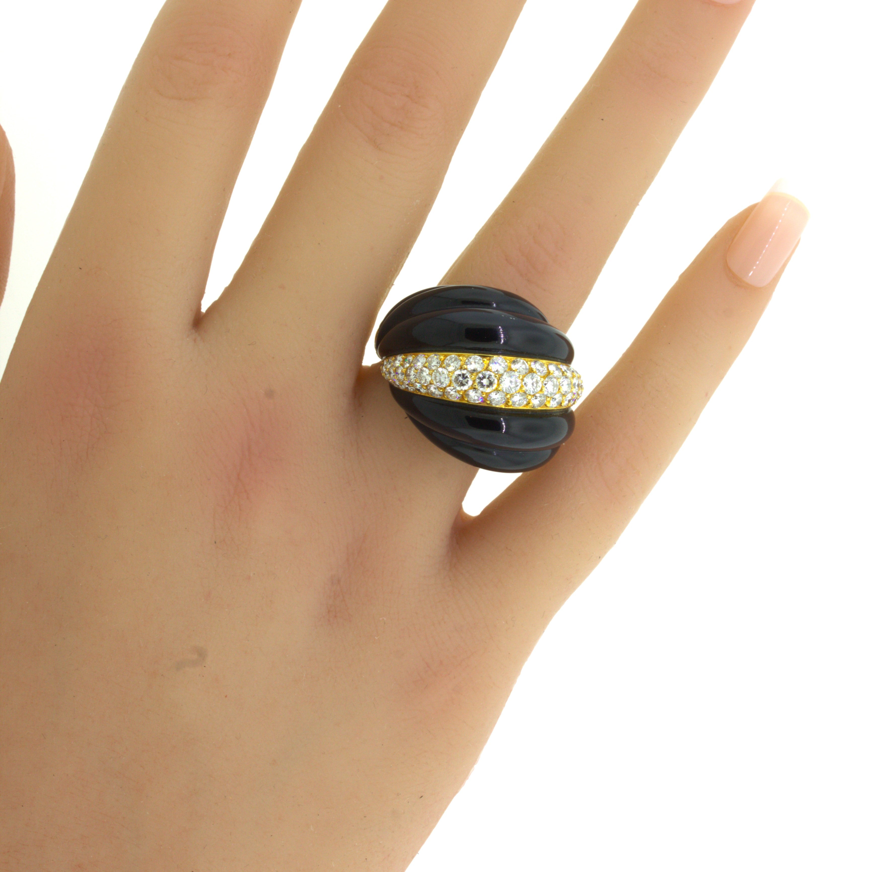 Fred Paris Diamond Onyx 18K Yellow Gold Cocktail Ring, French