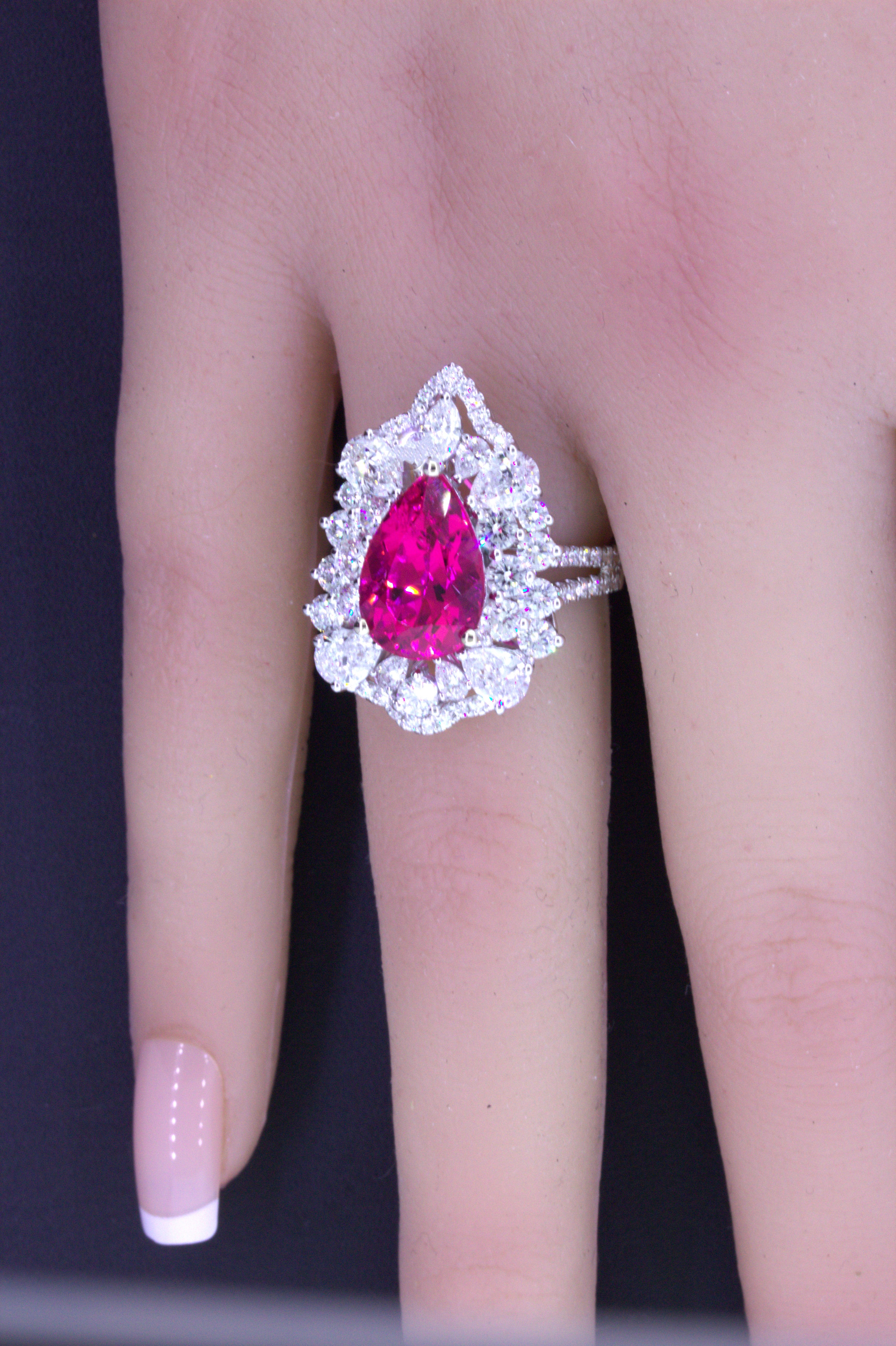 Rubellite Tourmaline Diamond Sunburst 18k White Gold Ring