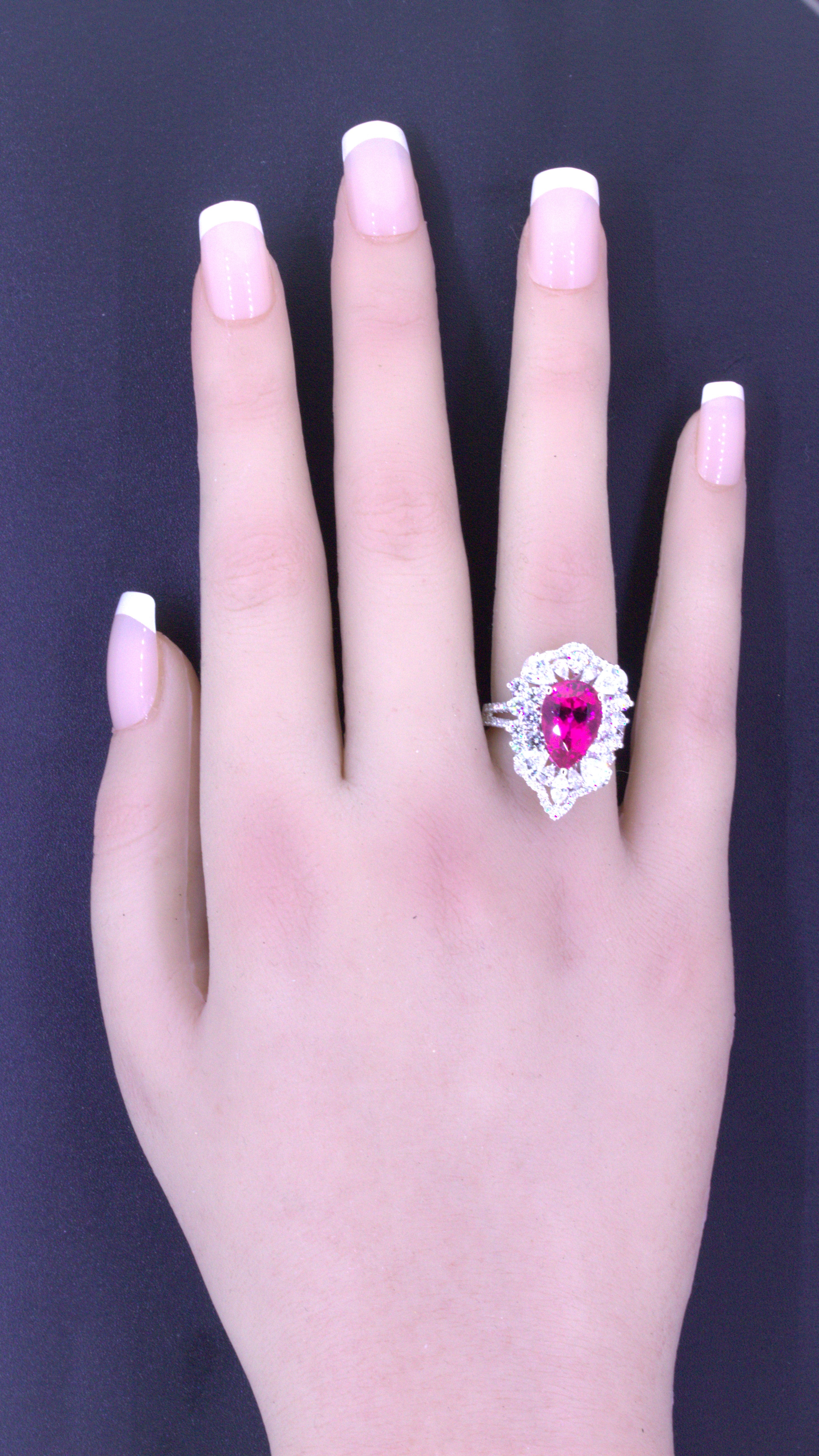 Rubellite Tourmaline Diamond Sunburst 18k White Gold Ring