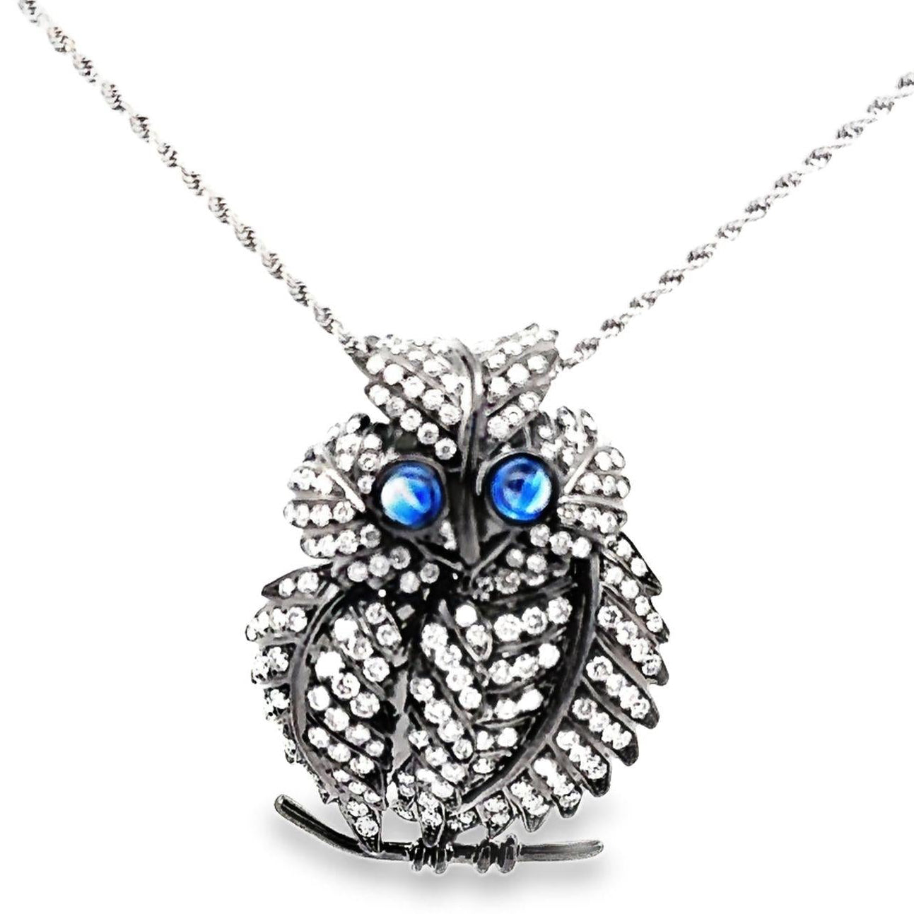 Diamond Sapphire 18k Gold Rhodium Owl Pendant Necklace