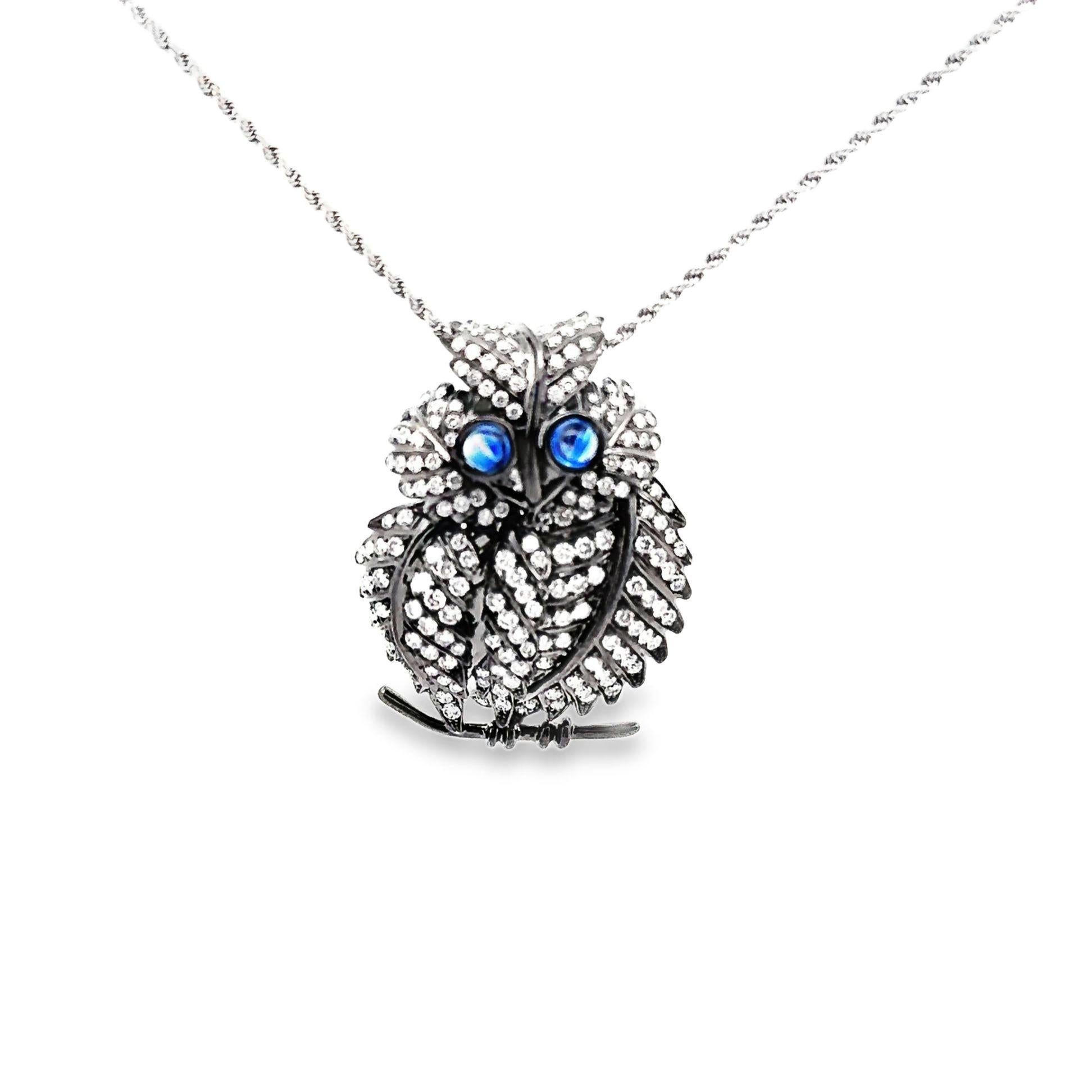 Diamond Sapphire 18k Gold Rhodium Owl Pendant Necklace