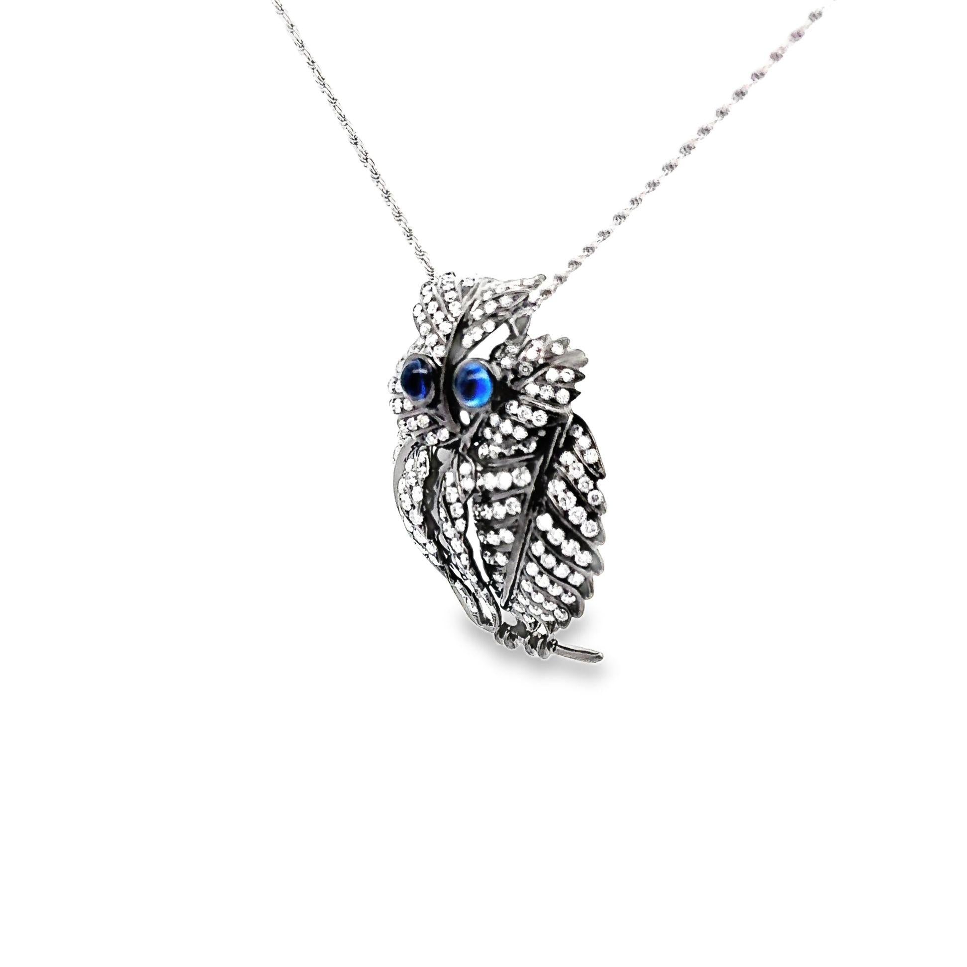 Diamond Sapphire 18k Gold Rhodium Owl Pendant Necklace