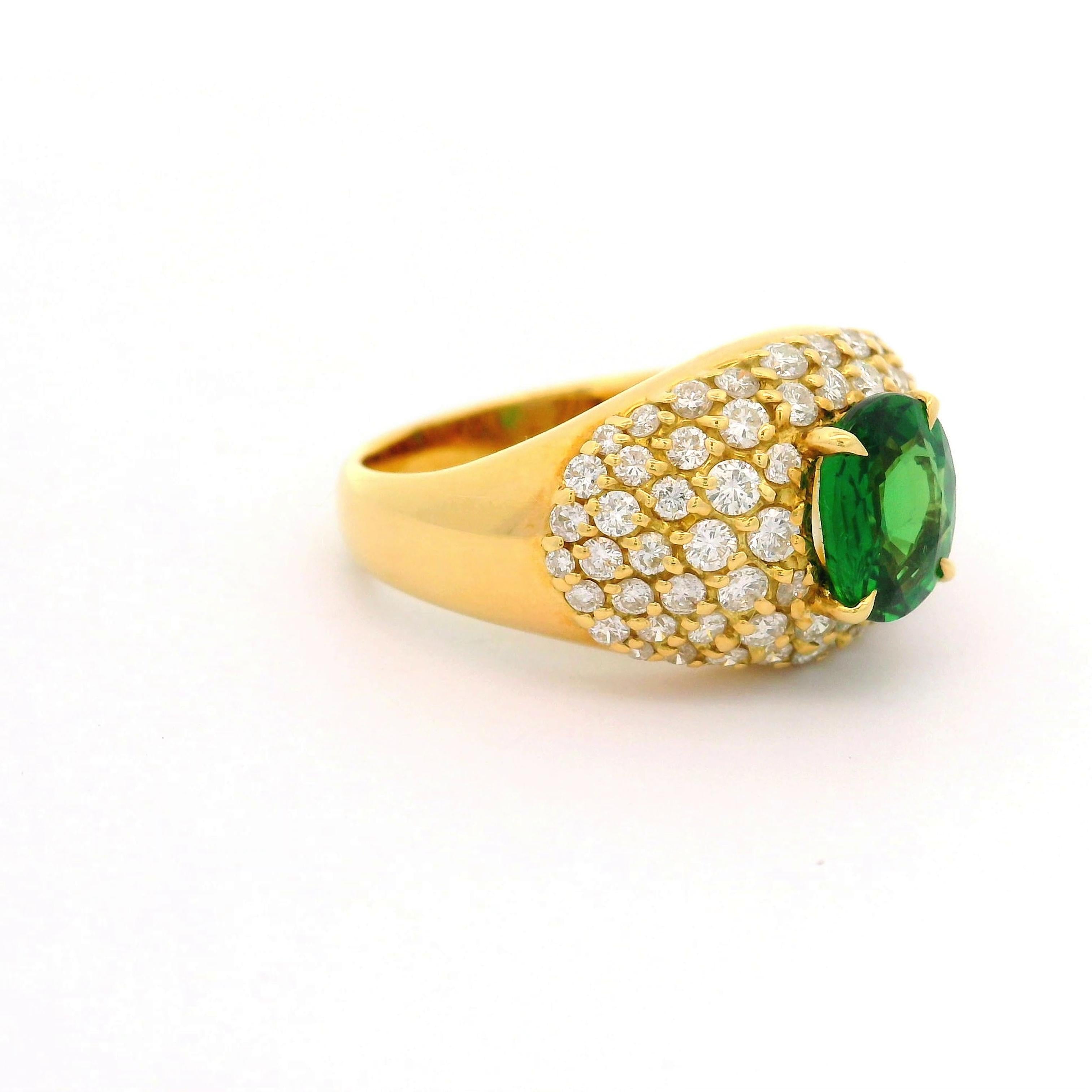 1.68 Carat Tsavorite Pave Diamond 18k Yellow Gold Ring