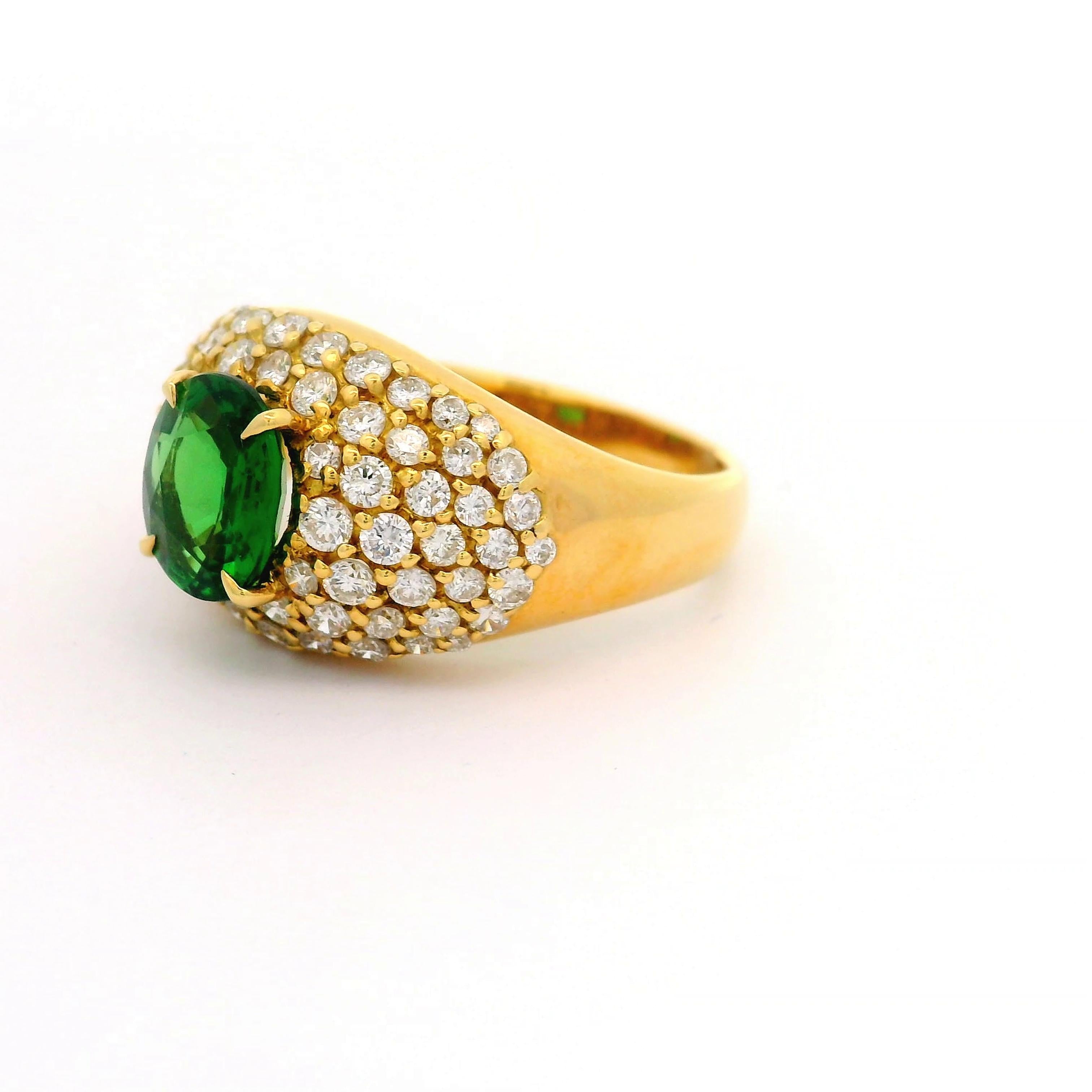 1.68 Carat Tsavorite Pave Diamond 18k Yellow Gold Ring