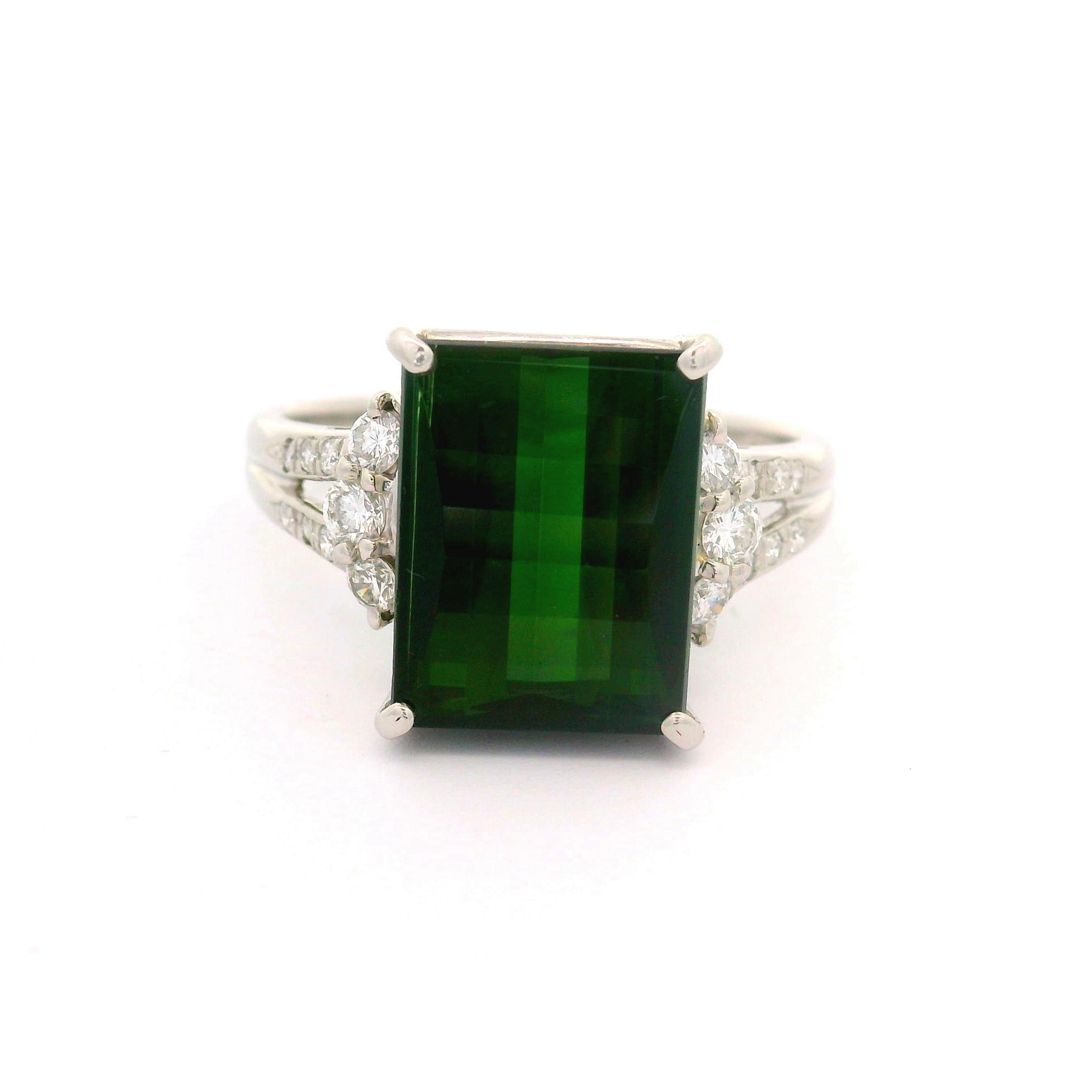 5.69 Carat Green Rectangular Tourmaline Diamond Platinum Ring