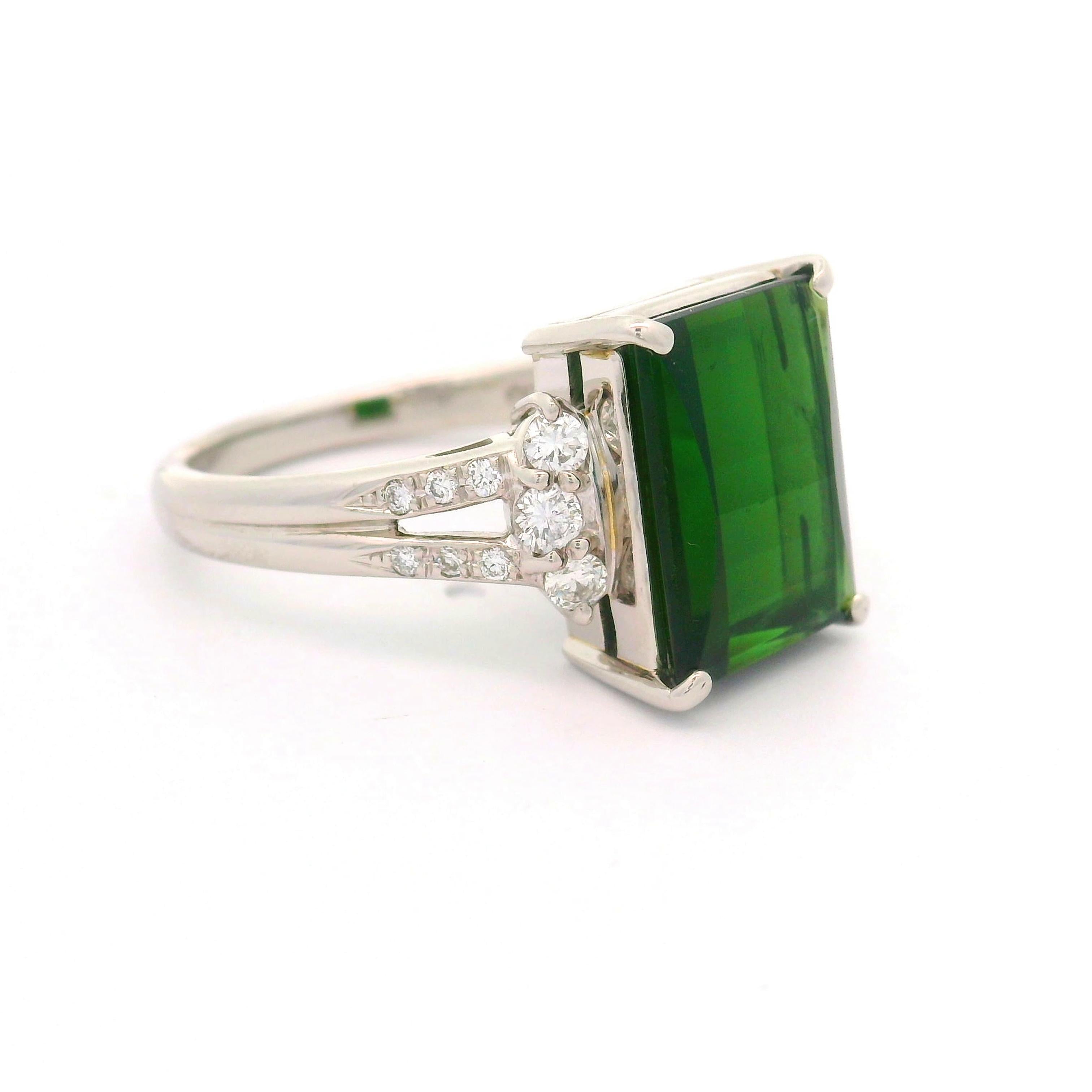 5.69 Carat Green Rectangular Tourmaline Diamond Platinum Ring