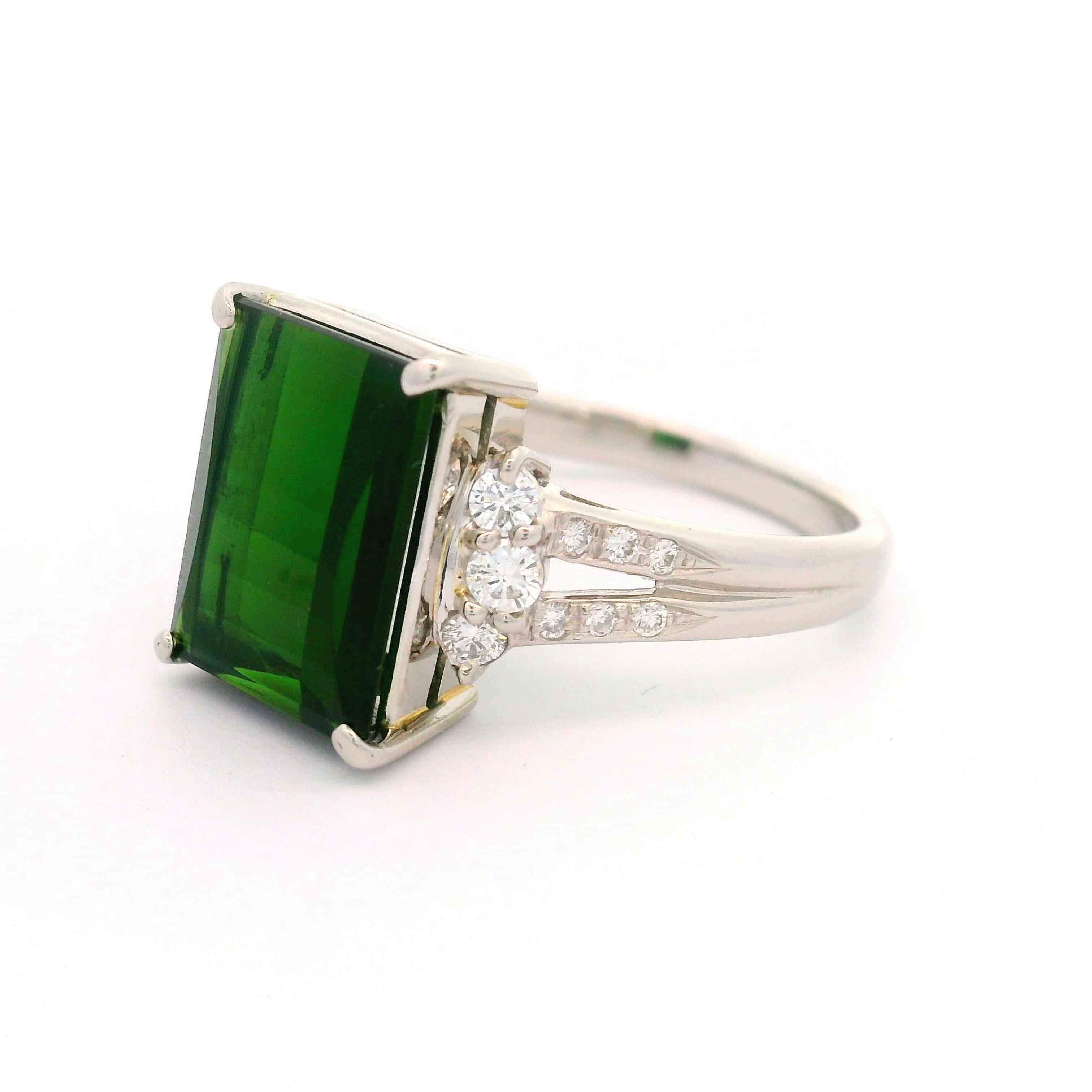 5.69 Carat Green Rectangular Tourmaline Diamond Platinum Ring