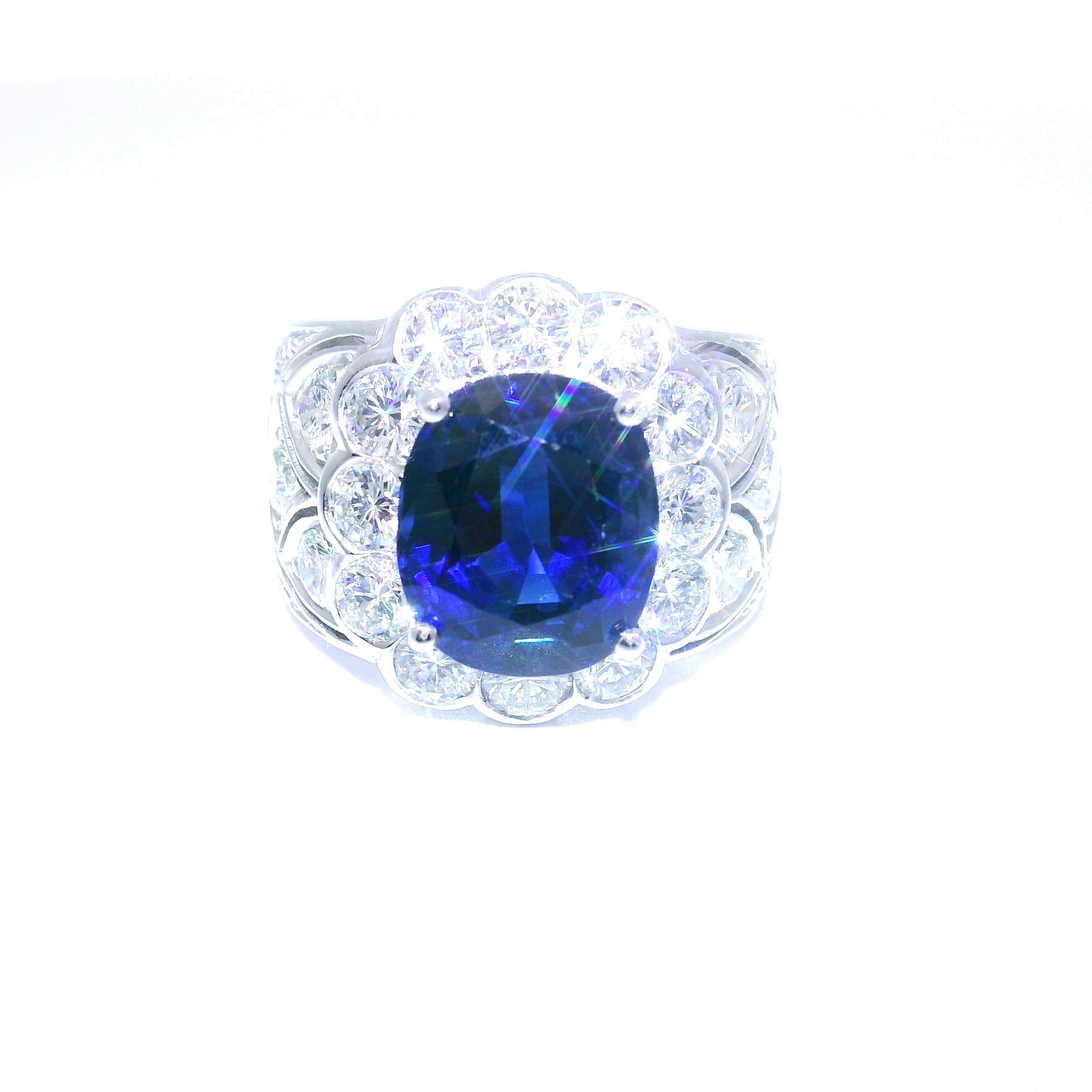 7.37 Carat No-Heat Burmese Sapphire Diamond 18k White Gold Ring, Gübelin Cert