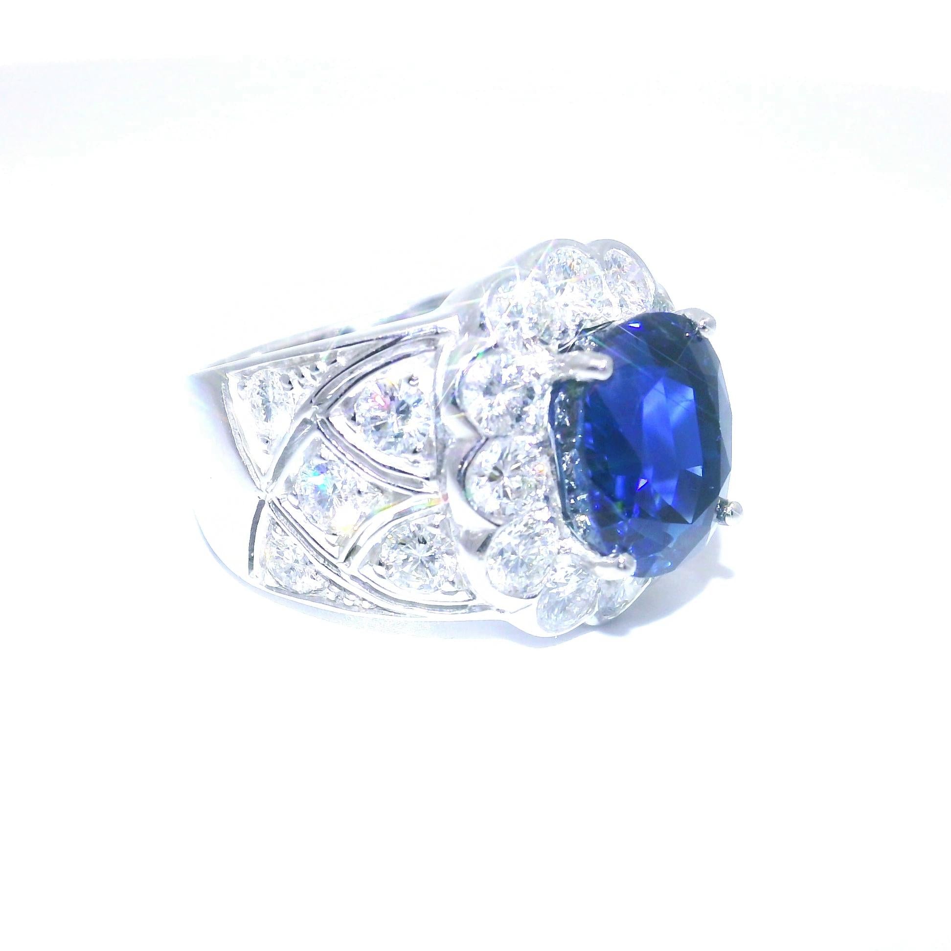 7.37 Carat No-Heat Burmese Sapphire Diamond 18k White Gold Ring, Gübelin Cert