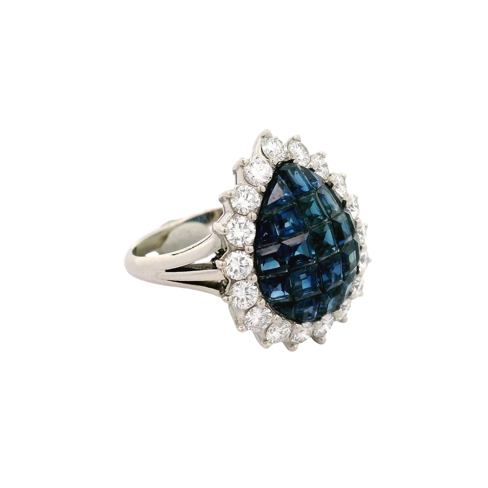 Invisible-Set Sapphire Diamond Platinum Halo Ring