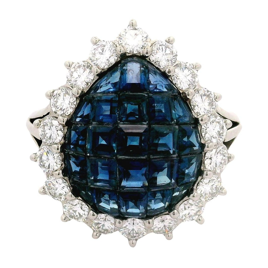 Invisible-Set Sapphire Diamond Platinum Halo Ring