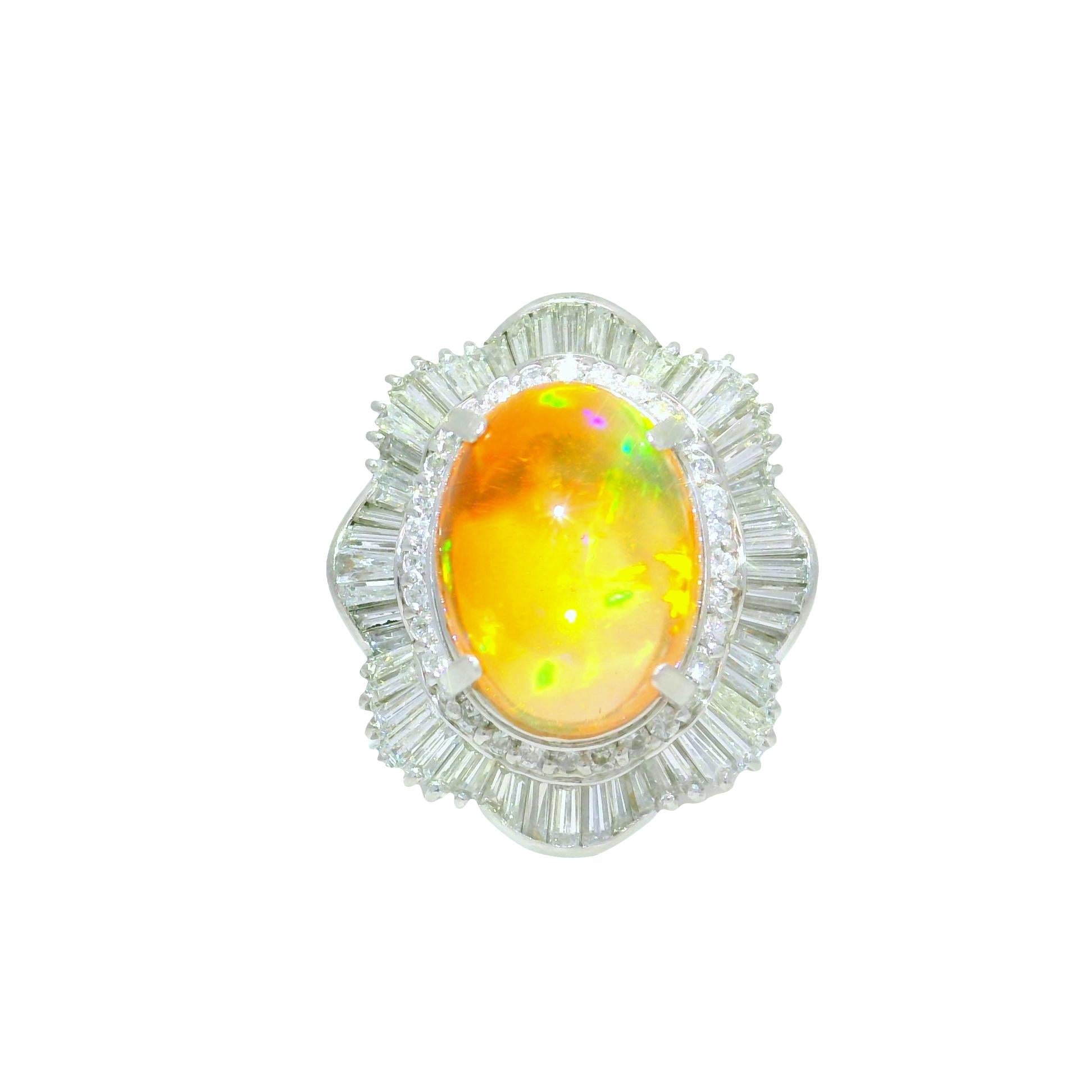 7.41 Carat Mexican Fire Opal Diamond Platinum Double Halo RIng