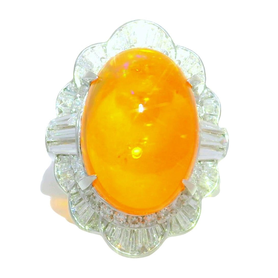 9.52 Carat Mexican Fire Opal Diamond Platinum Ring