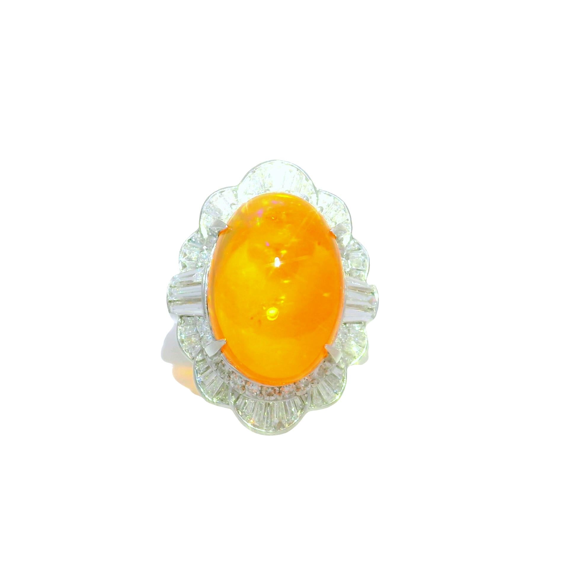 9.52 Carat Mexican Fire Opal Diamond Platinum Ring