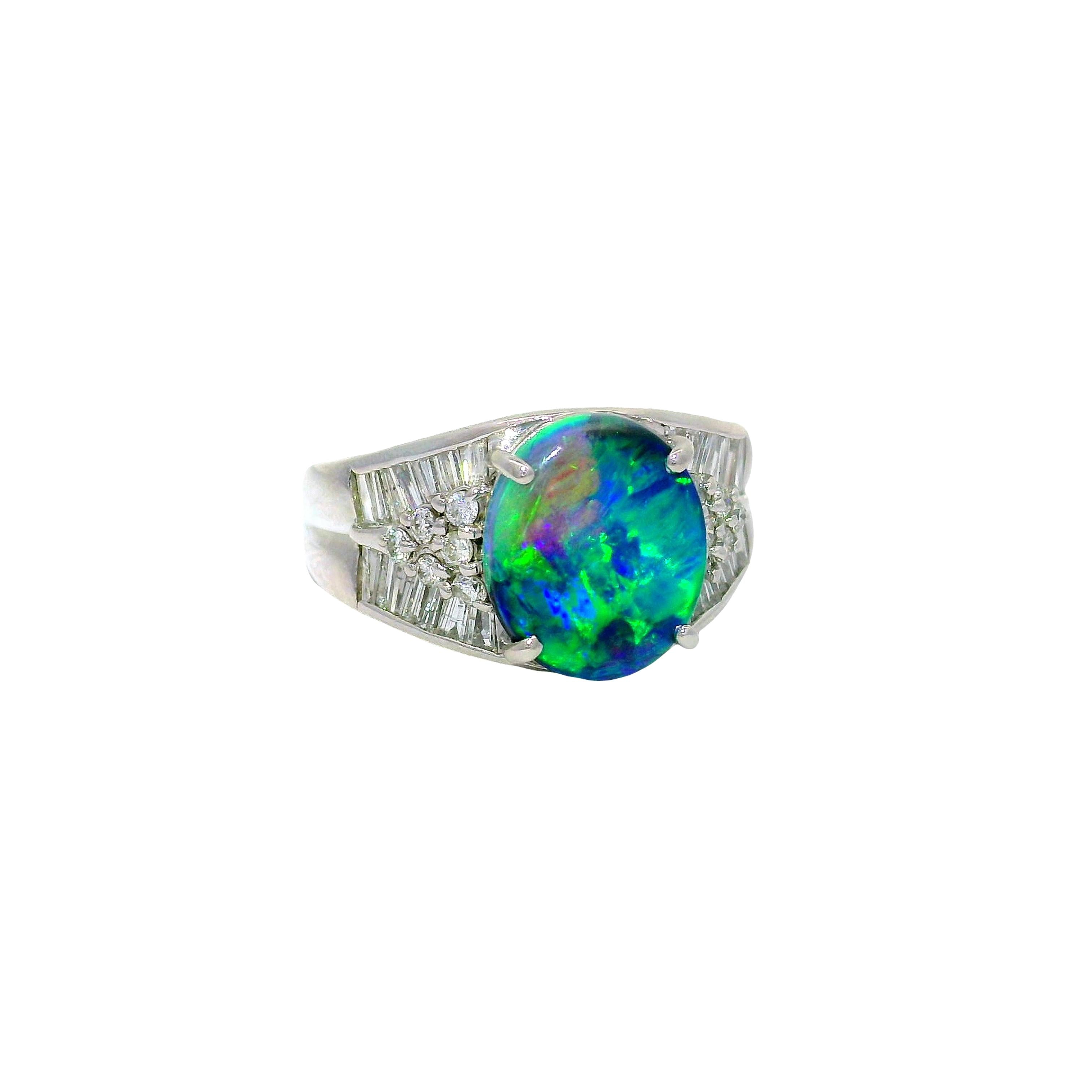 2.57 Carat Australian Black Opal Diamond Platinum Ring