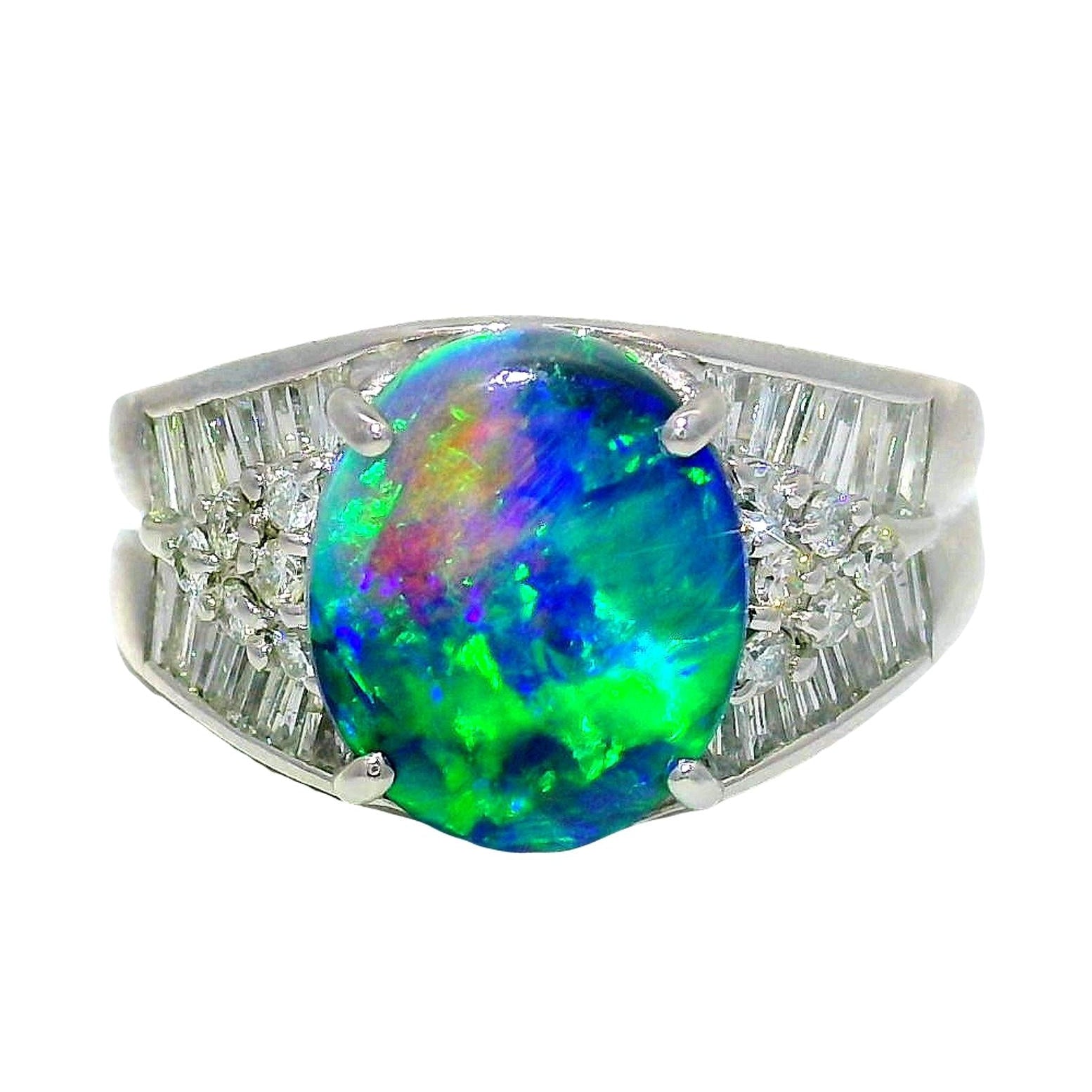 2.57 Carat Australian Black Opal Diamond Platinum Ring