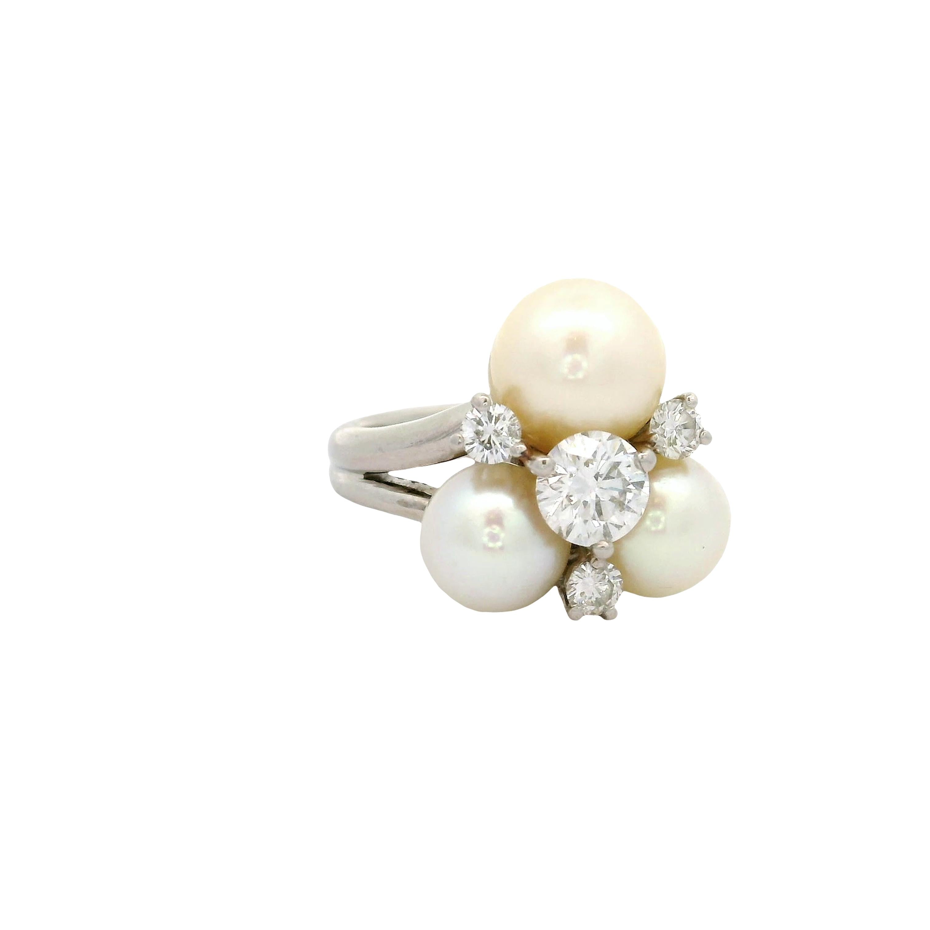 Akoya Pearl Diamond Platinum Cluster Ring
