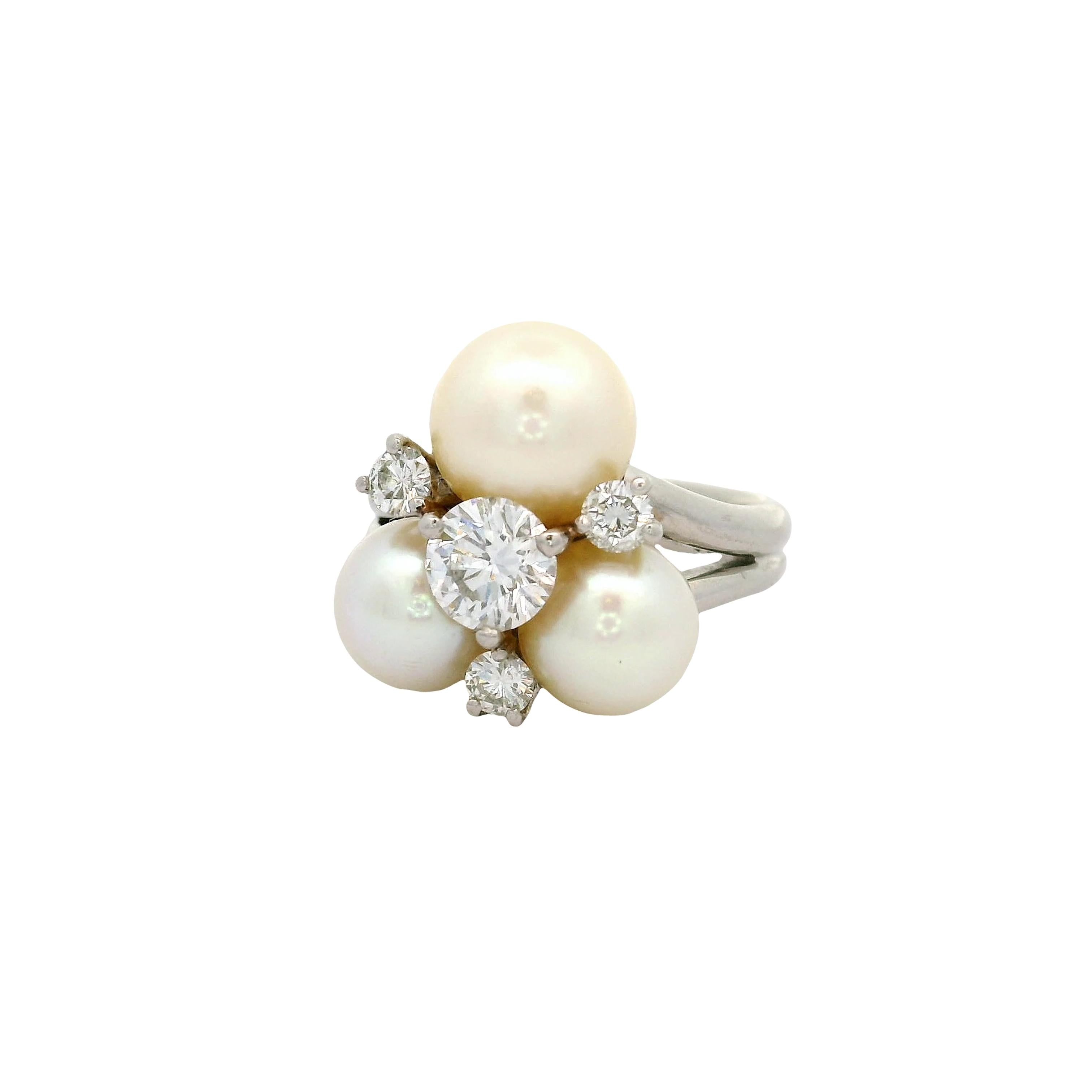 Akoya Pearl Diamond Platinum Cluster Ring
