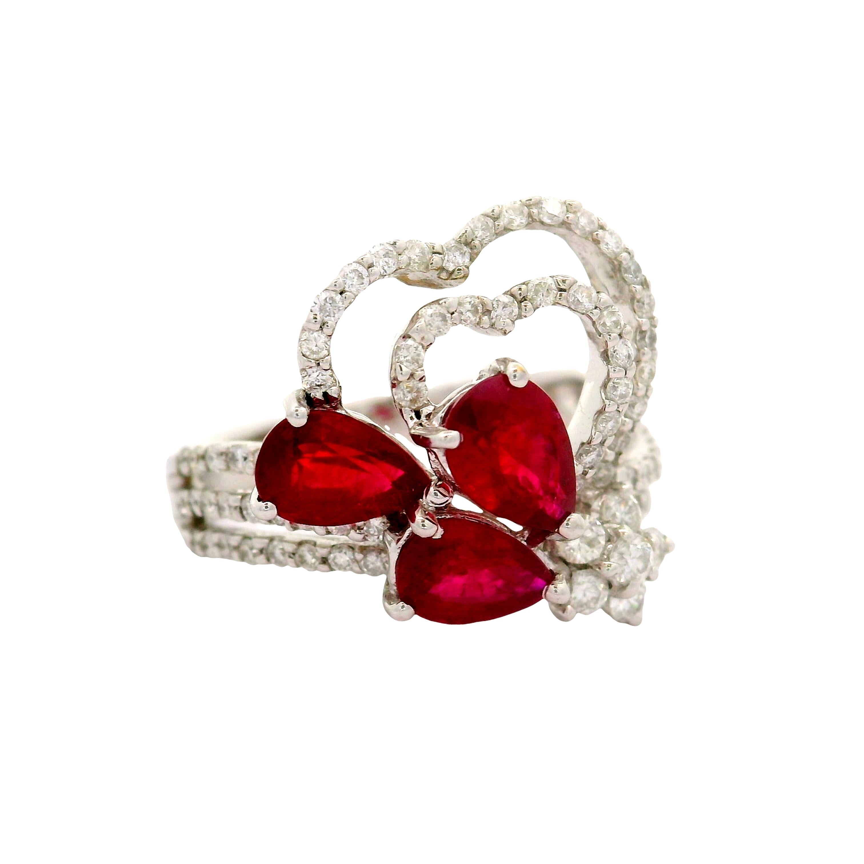 Ruby Diamond 18K White Gold Hearts and Flower Motif Ring
