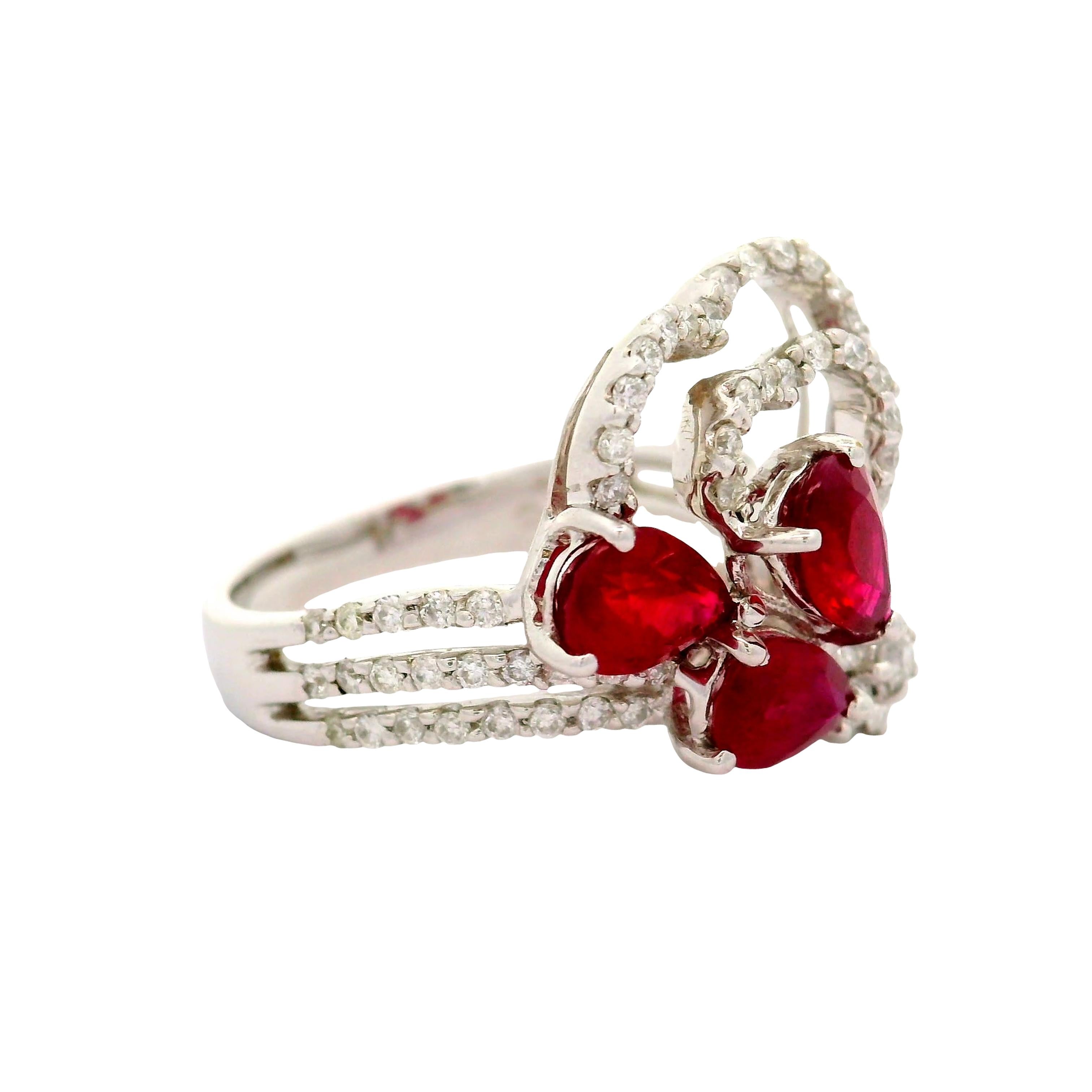 Ruby Diamond 18K White Gold Hearts and Flower Motif Ring