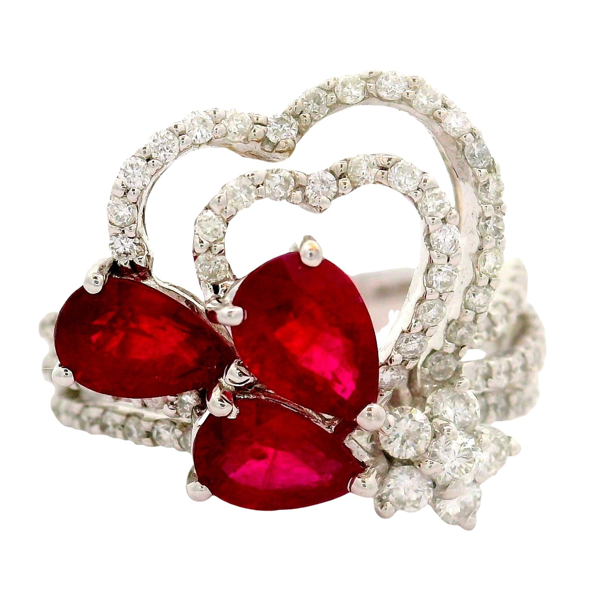 Ruby Diamond 18K White Gold Hearts and Flower Motif Ring