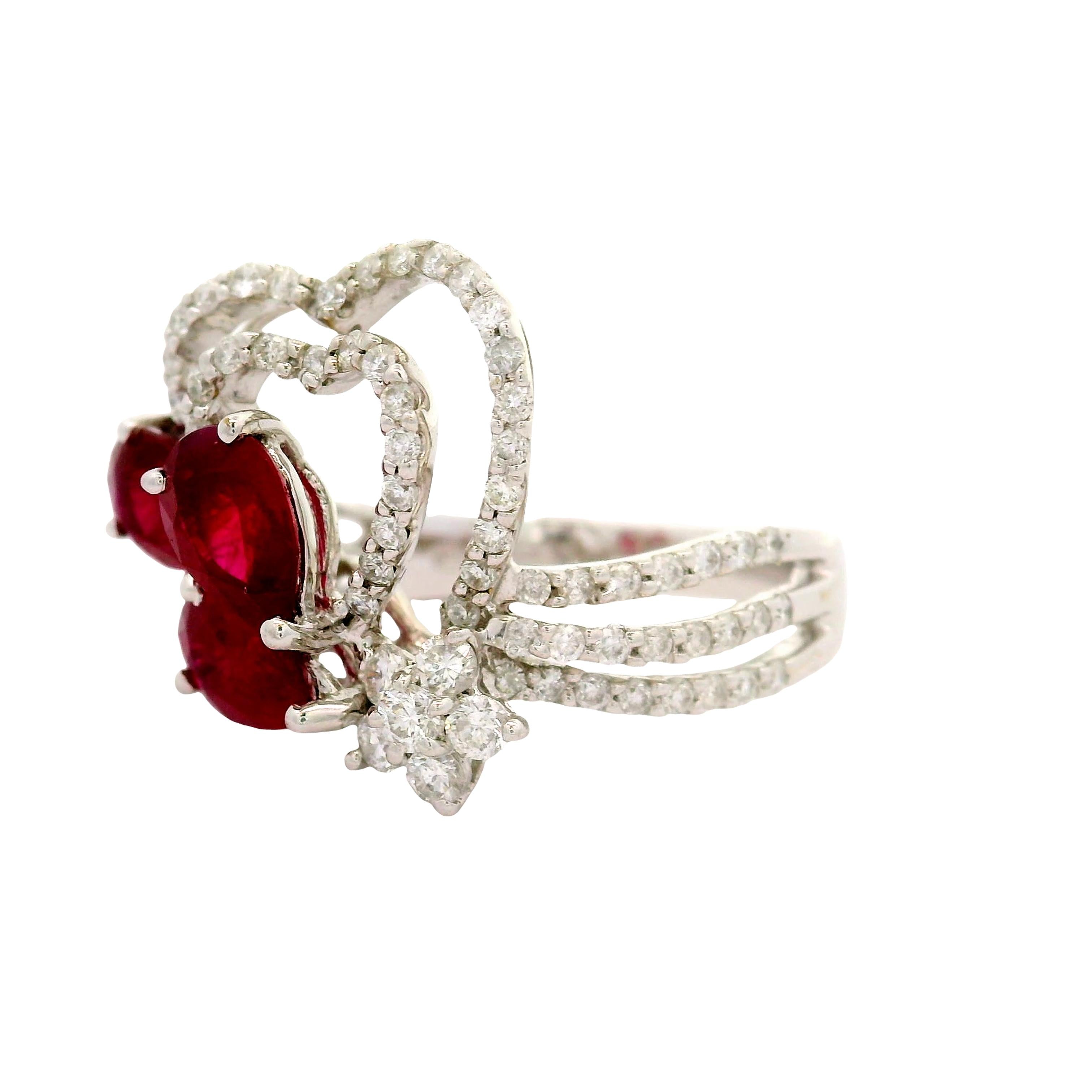 Ruby Diamond 18K White Gold Hearts and Flower Motif Ring