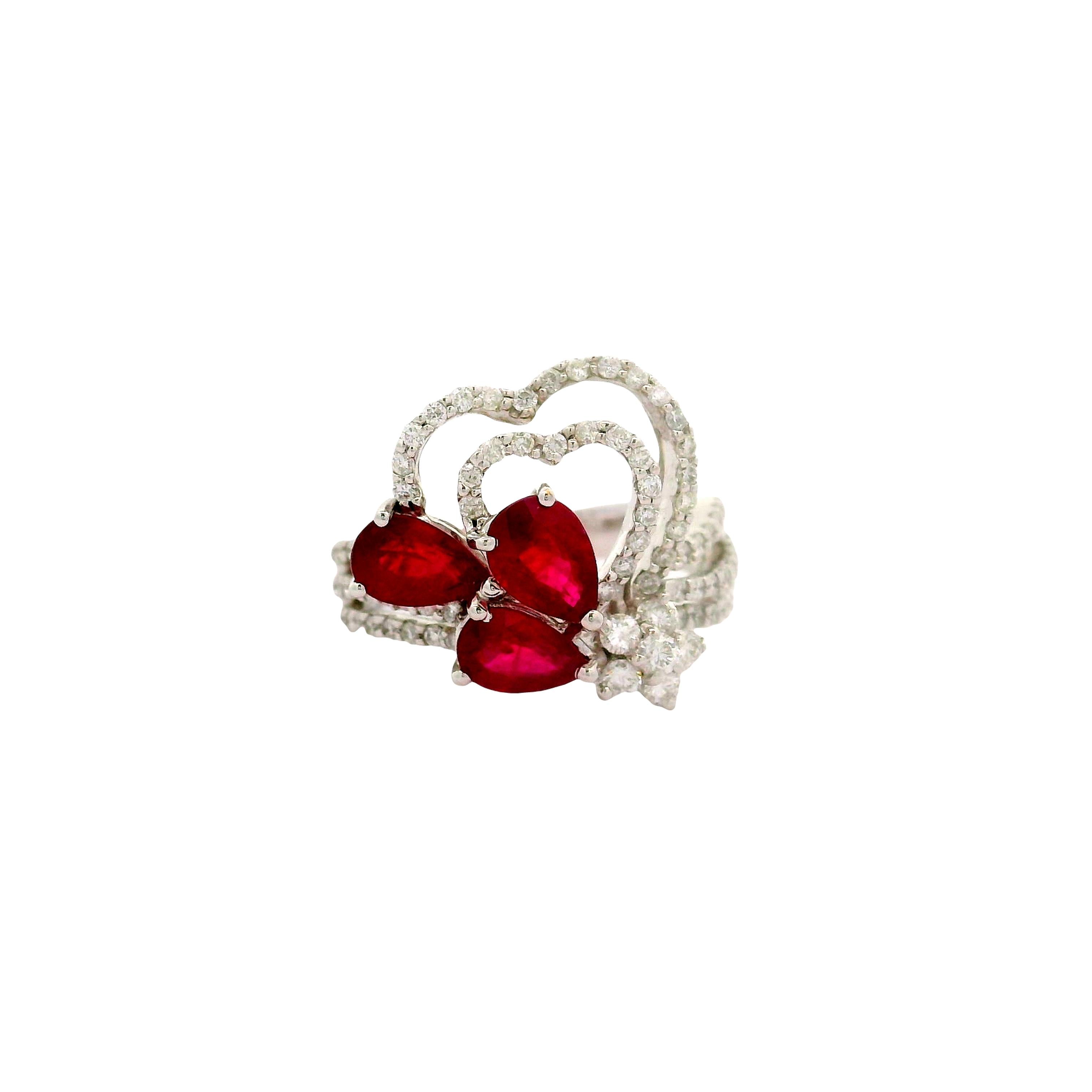 Ruby Diamond 18K White Gold Hearts and Flower Motif Ring
