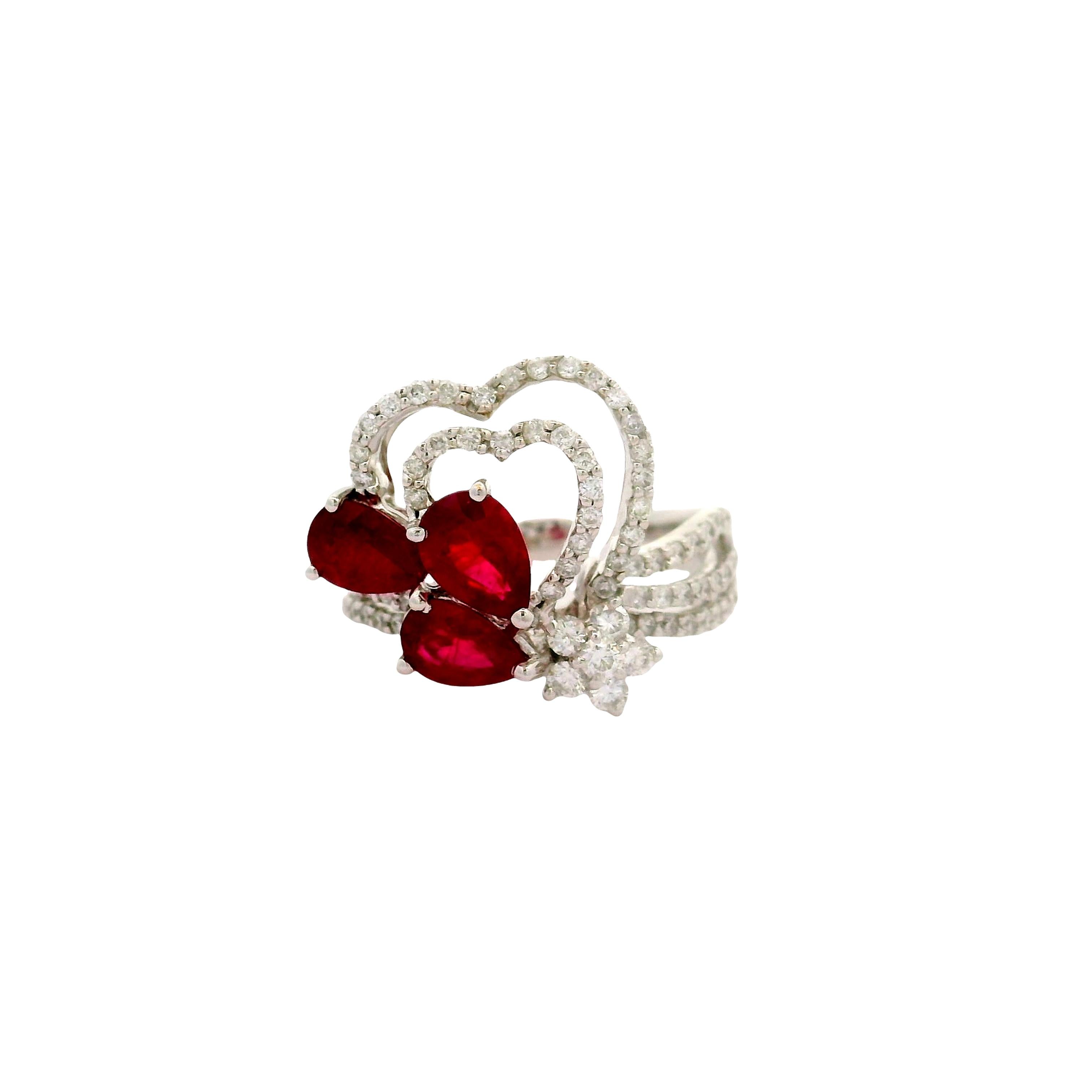 Ruby Diamond 18K White Gold Hearts and Flower Motif Ring