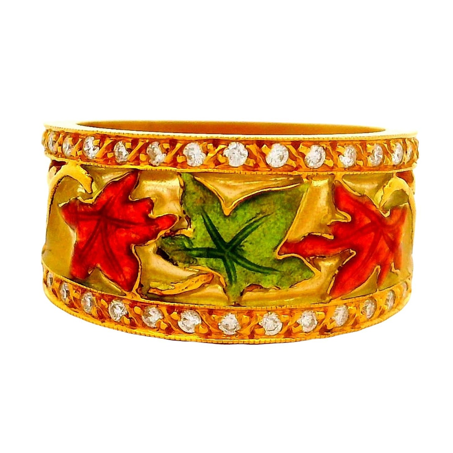 Masriera Diamond 18K Yellow Gold Enamel Leaves Motif Ring