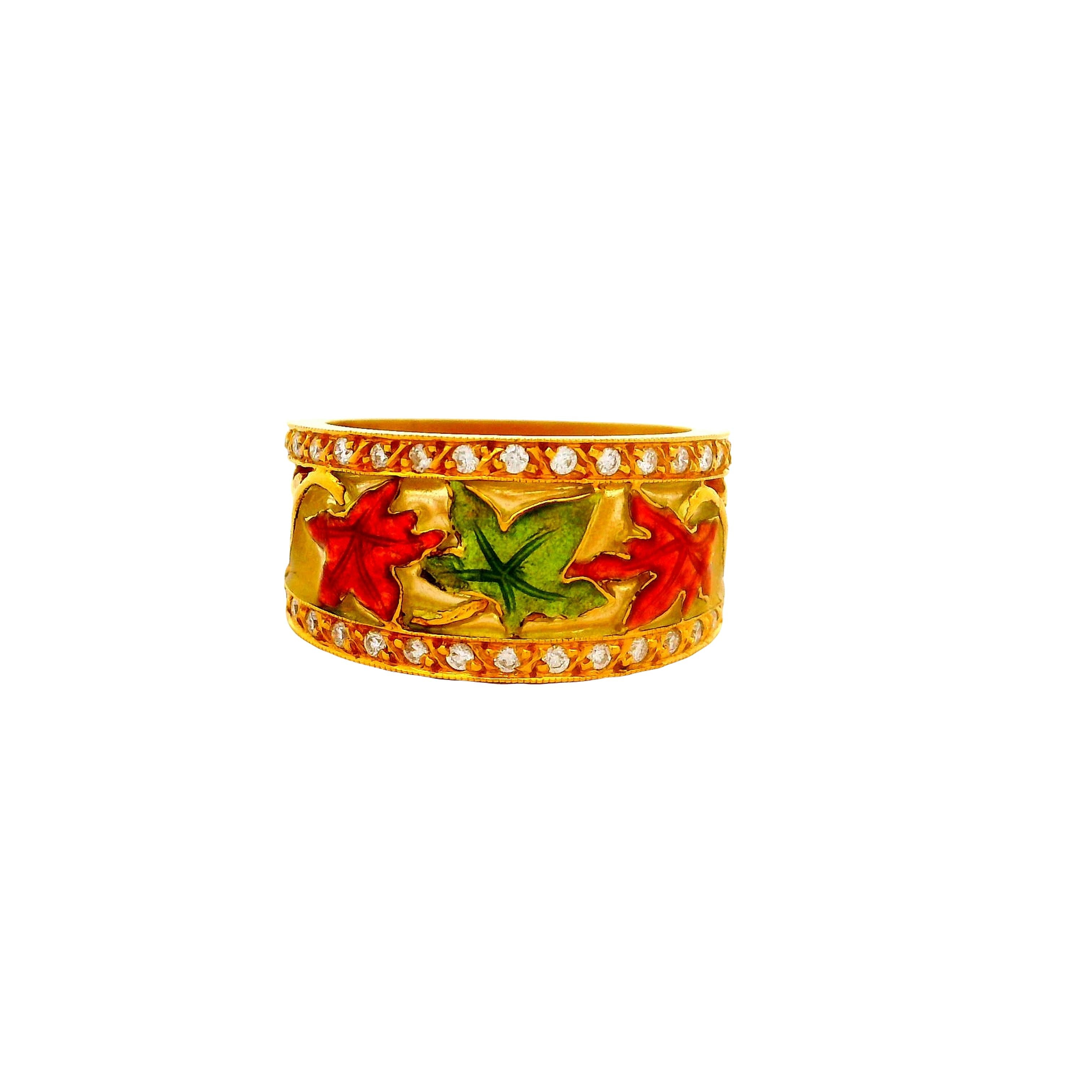 Masriera Diamond 18K Yellow Gold Enamel Leaves Motif Ring