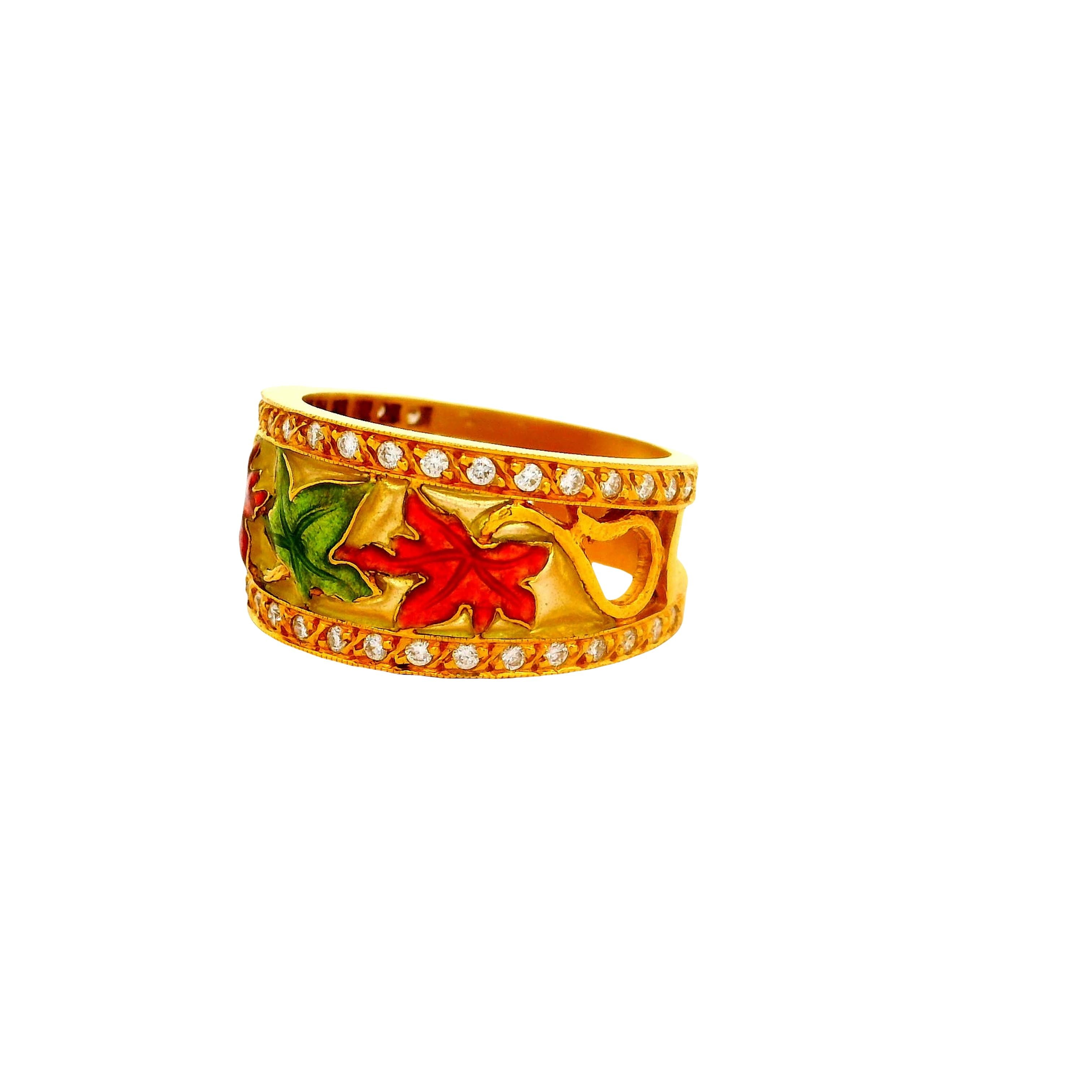 Masriera Diamond 18K Yellow Gold Enamel Leaves Motif Ring